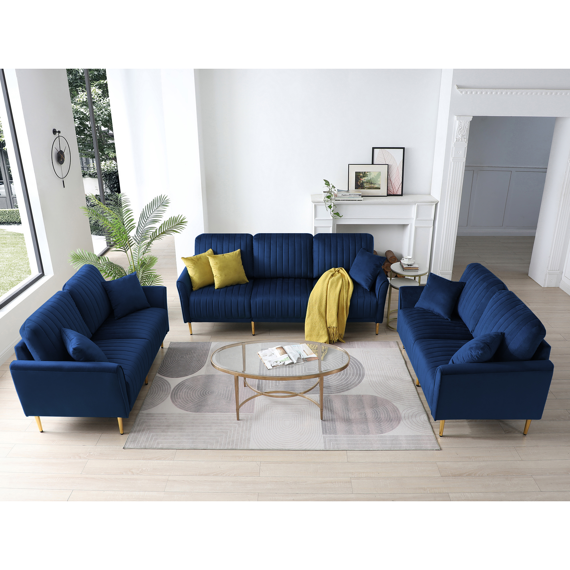 Velvet Fabric Sofa Couch Set, Mid-Century 3-Seat Tufted Love Seat for Living Room, Bedroom, Office, Apartment, Dorm, Studio and Small Space, 7 Pillows Included(Navy Blue),3+2+2 Seater