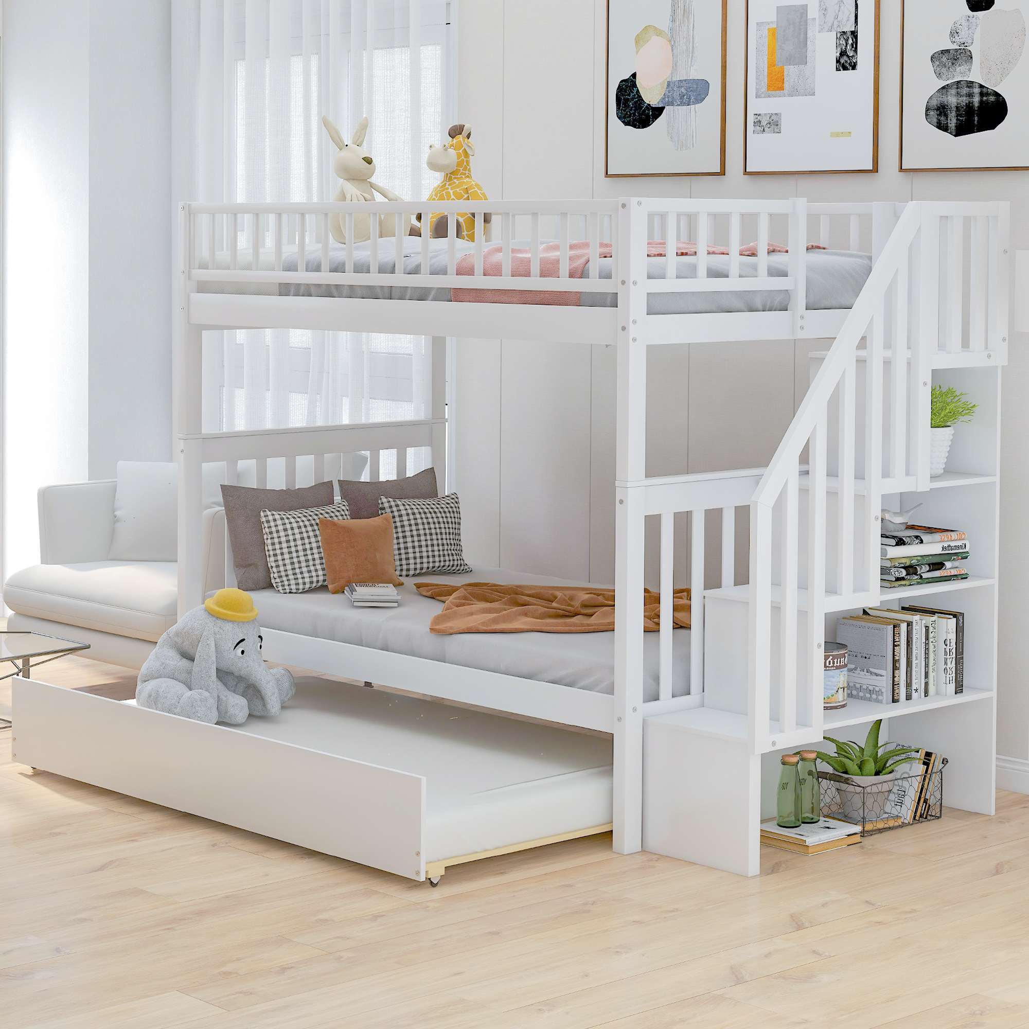 Twin over Twin Bunk Bed with Trundle and Storage, White-CASAINC