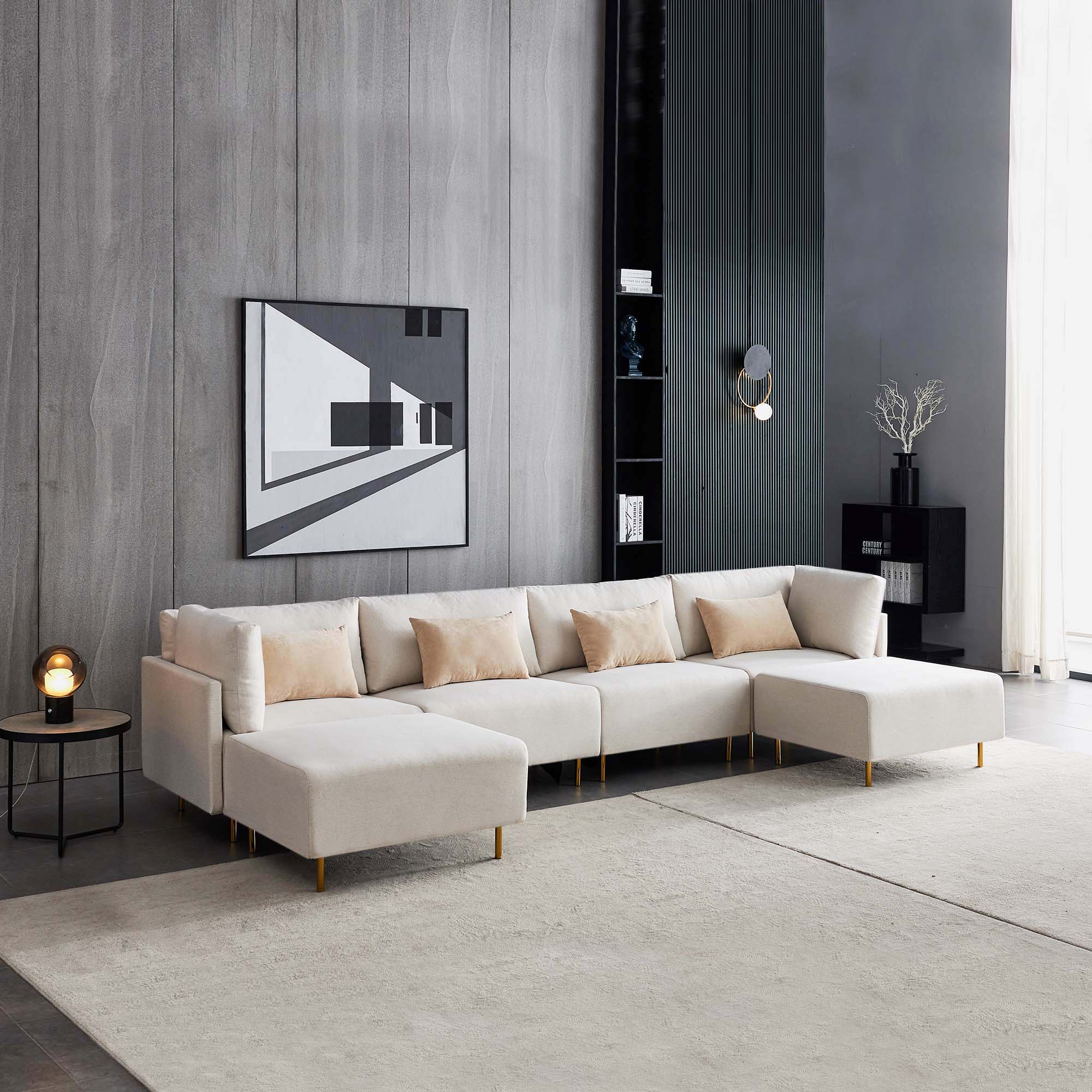 Linen  Sectional Sofa, U-Shape-Beige-CASAINC