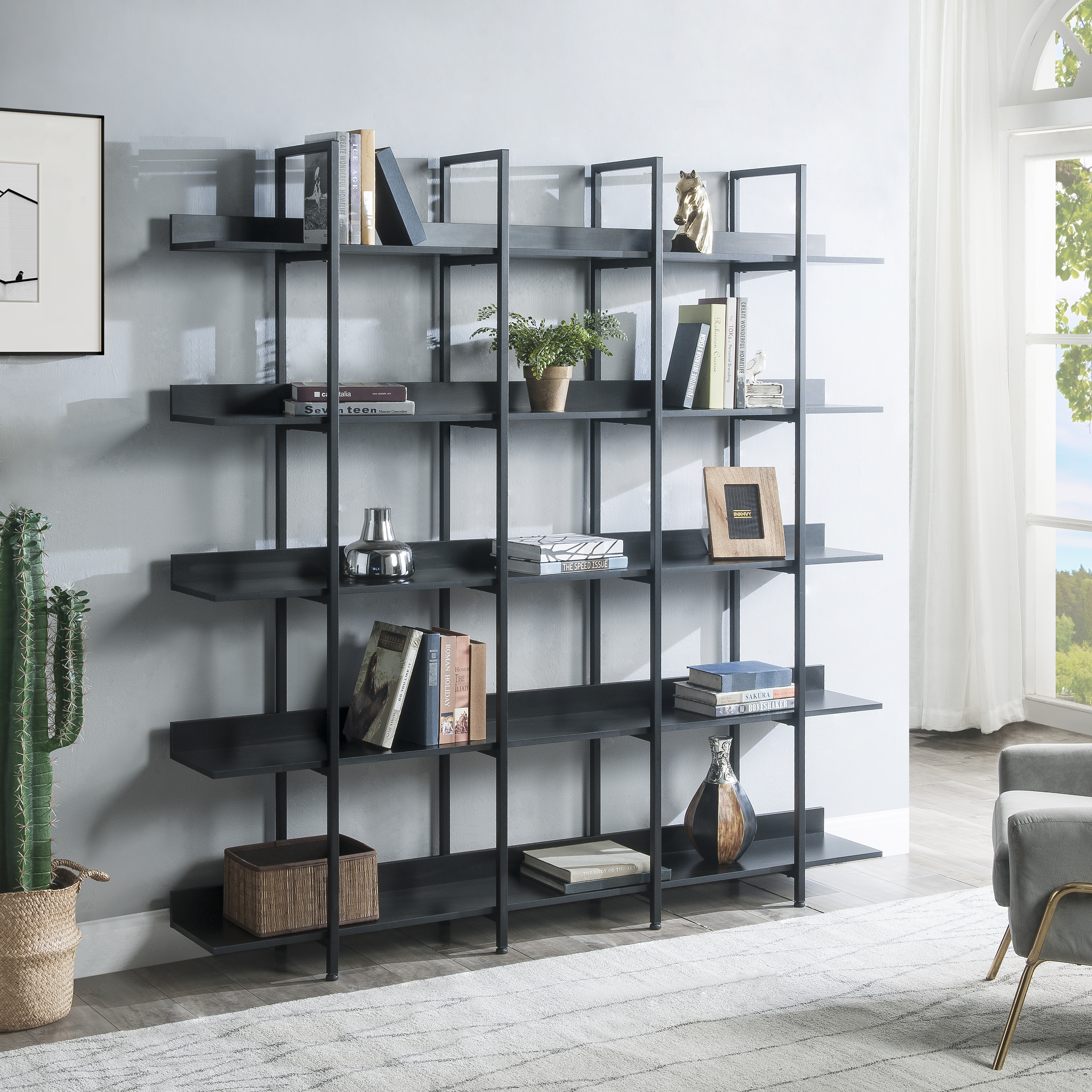 Details about   Industrial Bookcase with 12-Open Shelf Rustic Brown Black Decorative Bookshelf 