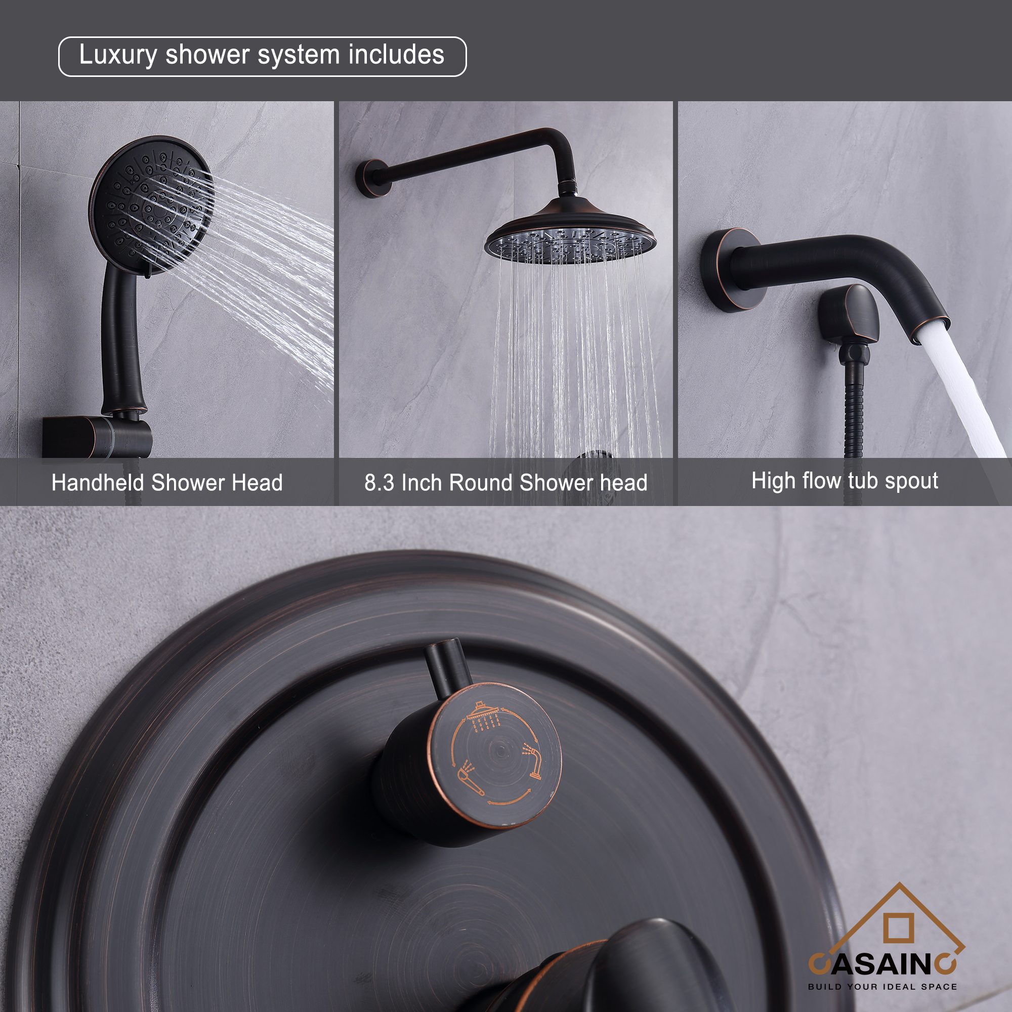 CASAINC 8.3 inch Wall-mounted rain shower faucet with pressure balanced valve