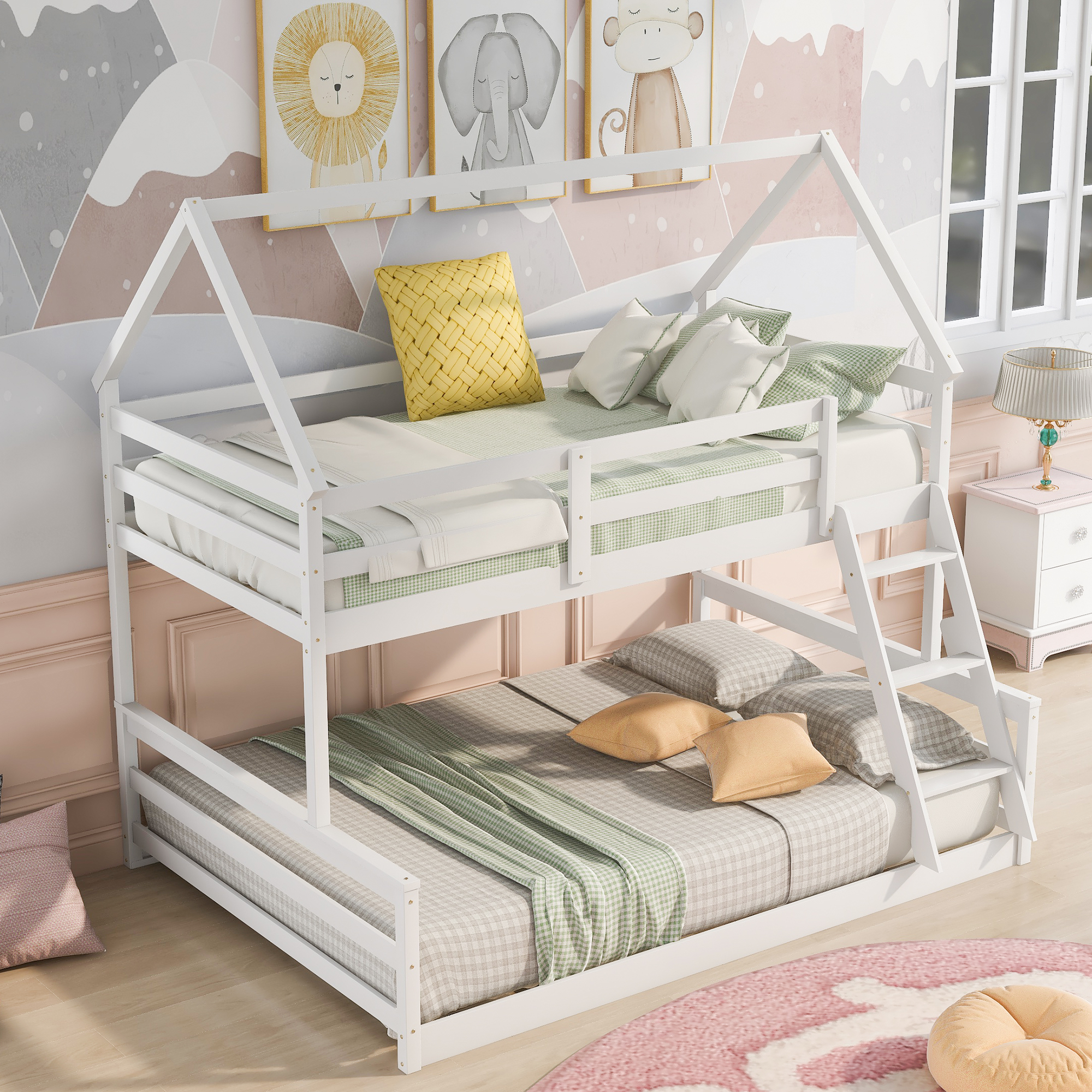 Twin over Full House Bunk Bed with Built-in Ladder,White-CASAINC