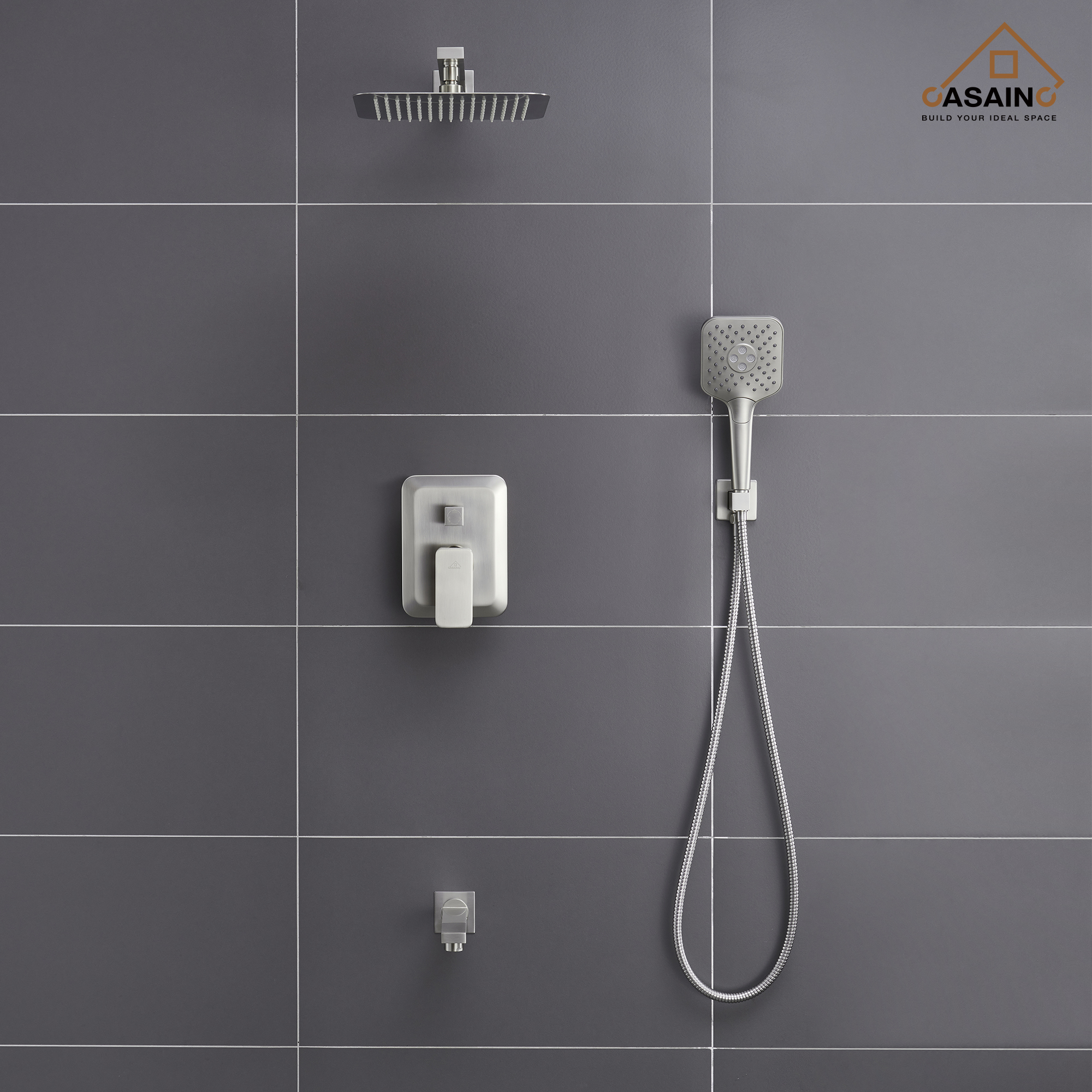 CASAINC 10 inch Square Wall-mounted rain shower faucet with pressure balanced valve