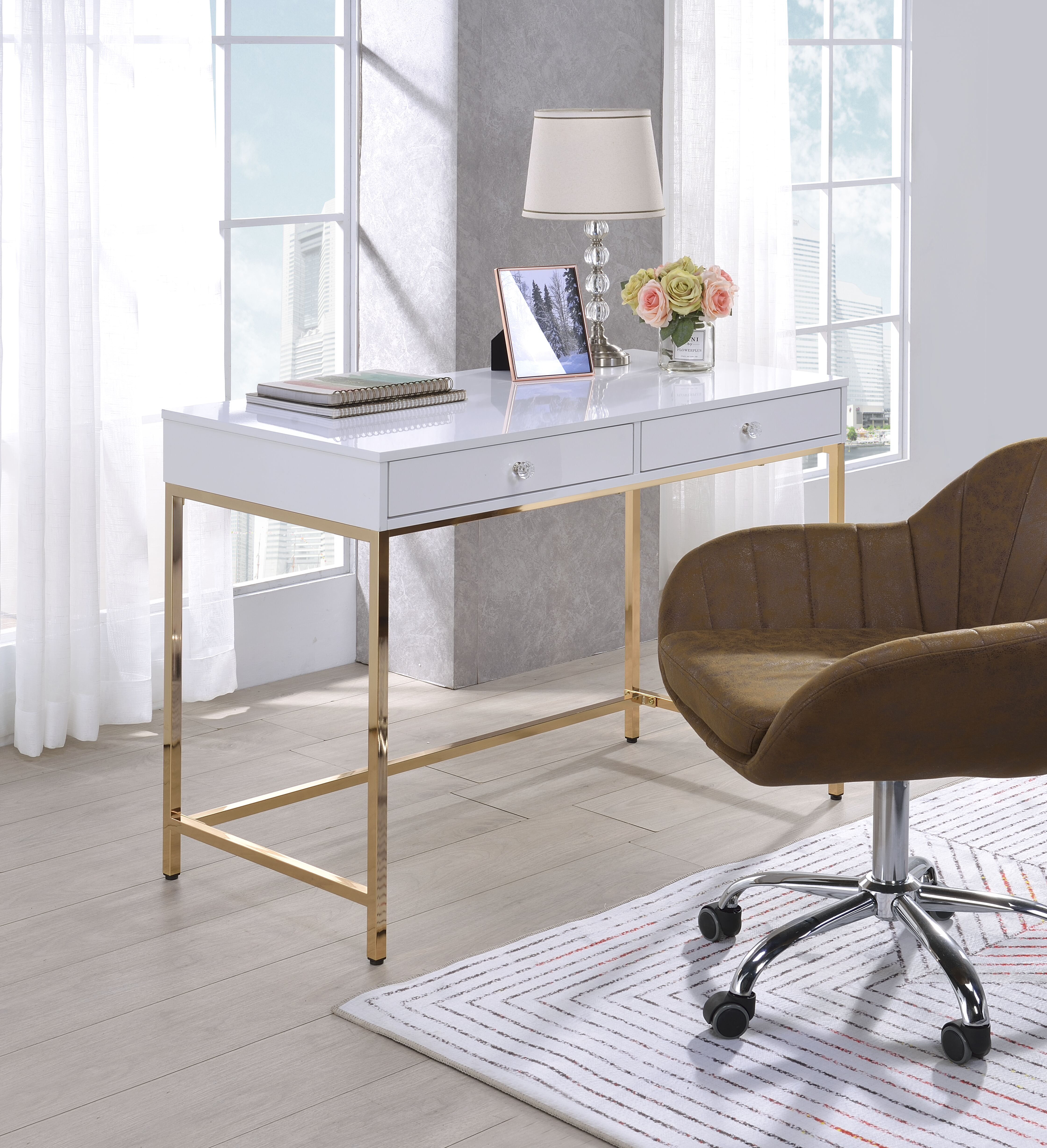 ACME Ottey Vanity Desk  in White High Gloss  Gold Finish-CASAINC