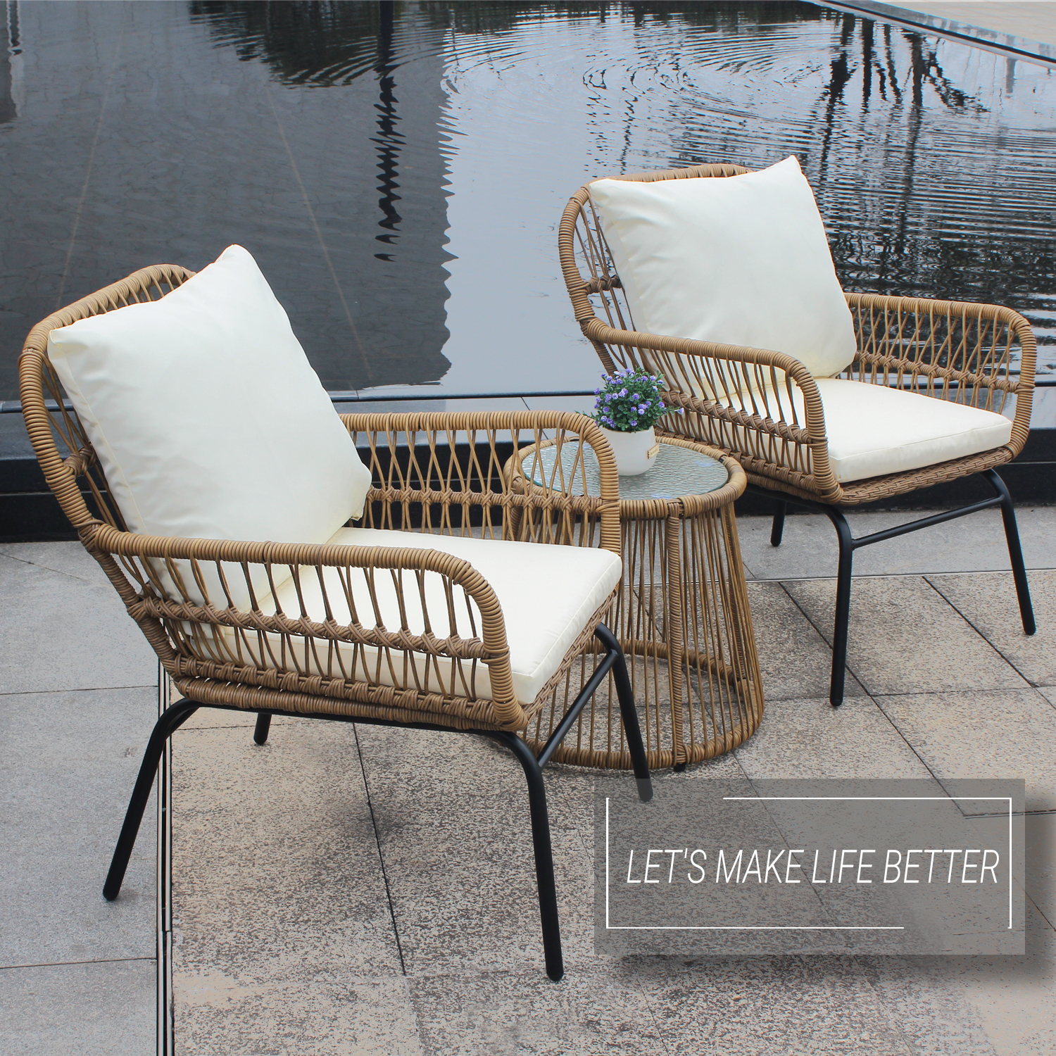3PCS Outdoor Patio Balcony Natural Color Wicker Chair Set with Beige Cushion and Round Tempered Glass Table-CASAINC