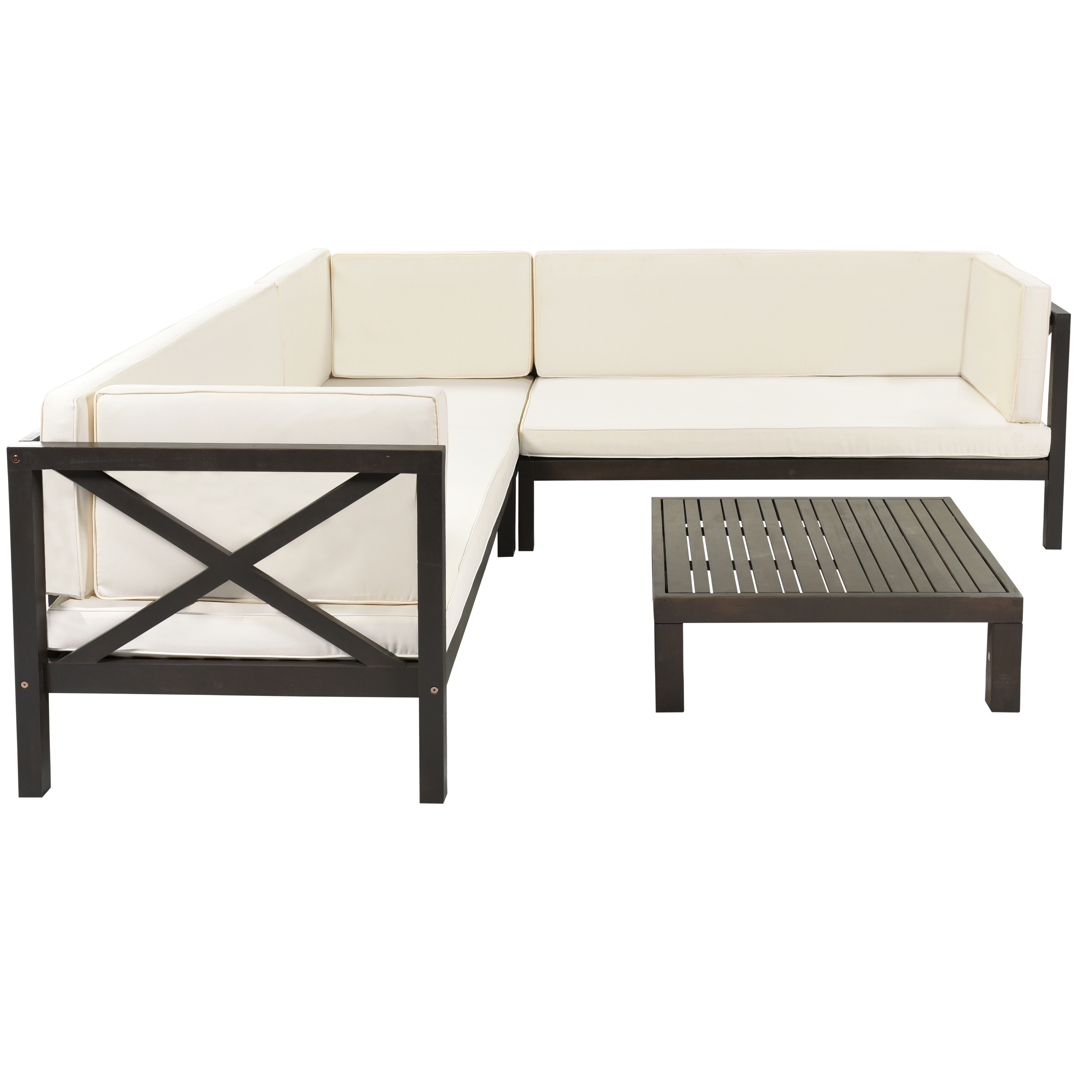  Outdoor Wood Patio Backyard 4-Piece Sectional Seating Group with Cushions and Table X-Back Sofa Set for Small Places, Brown Finish+Beige Cushions-CASAINC