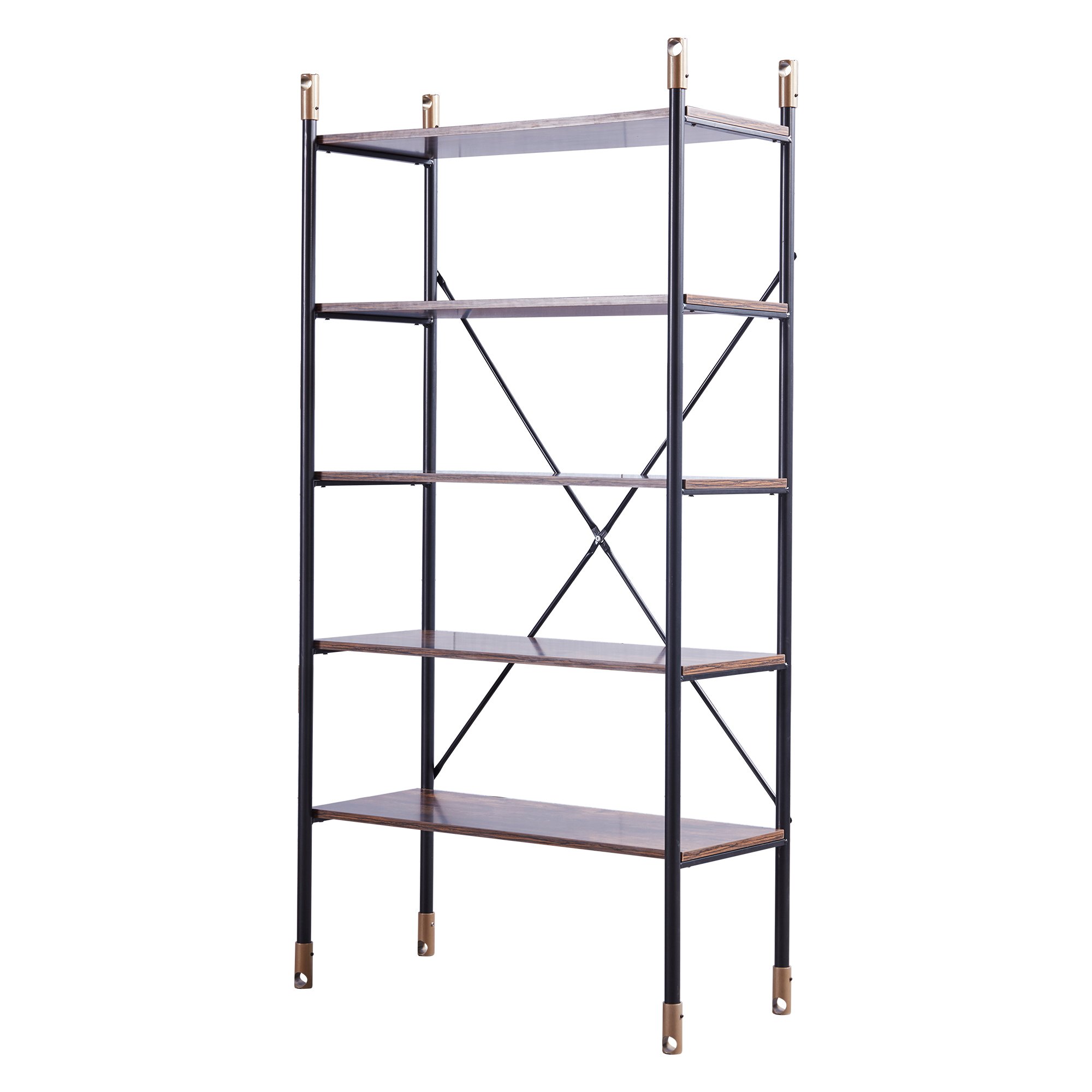 64 in. H Brown Wood 5-Shelf Standard Bookcase with Open Back and Slat Metal Frame-CASAINC