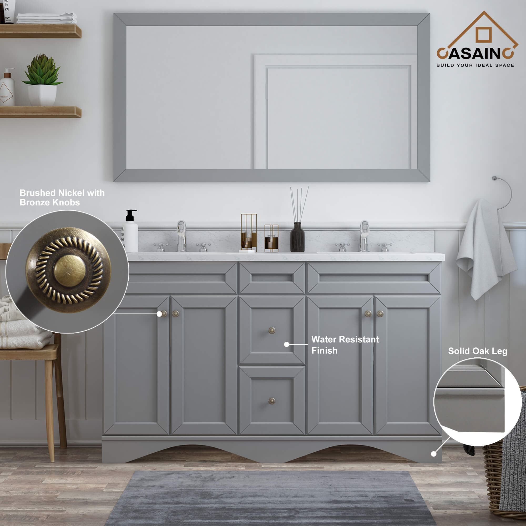 CASAINC 60 x 22 x 35.4 in. Solid Wood Bath Vanity with Marble Top and Backsplash in Gray/White (No/With Mirror)
