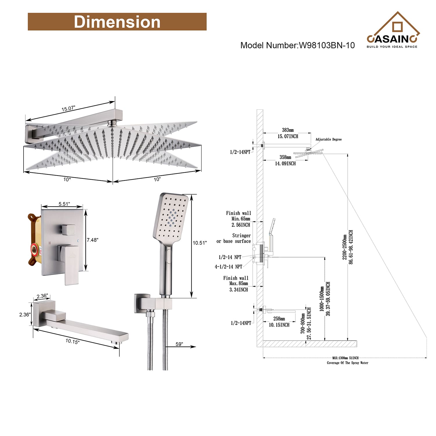 CASAINC Shower System with Rain Shower and Handheld and Tub Faucet Shower Set 