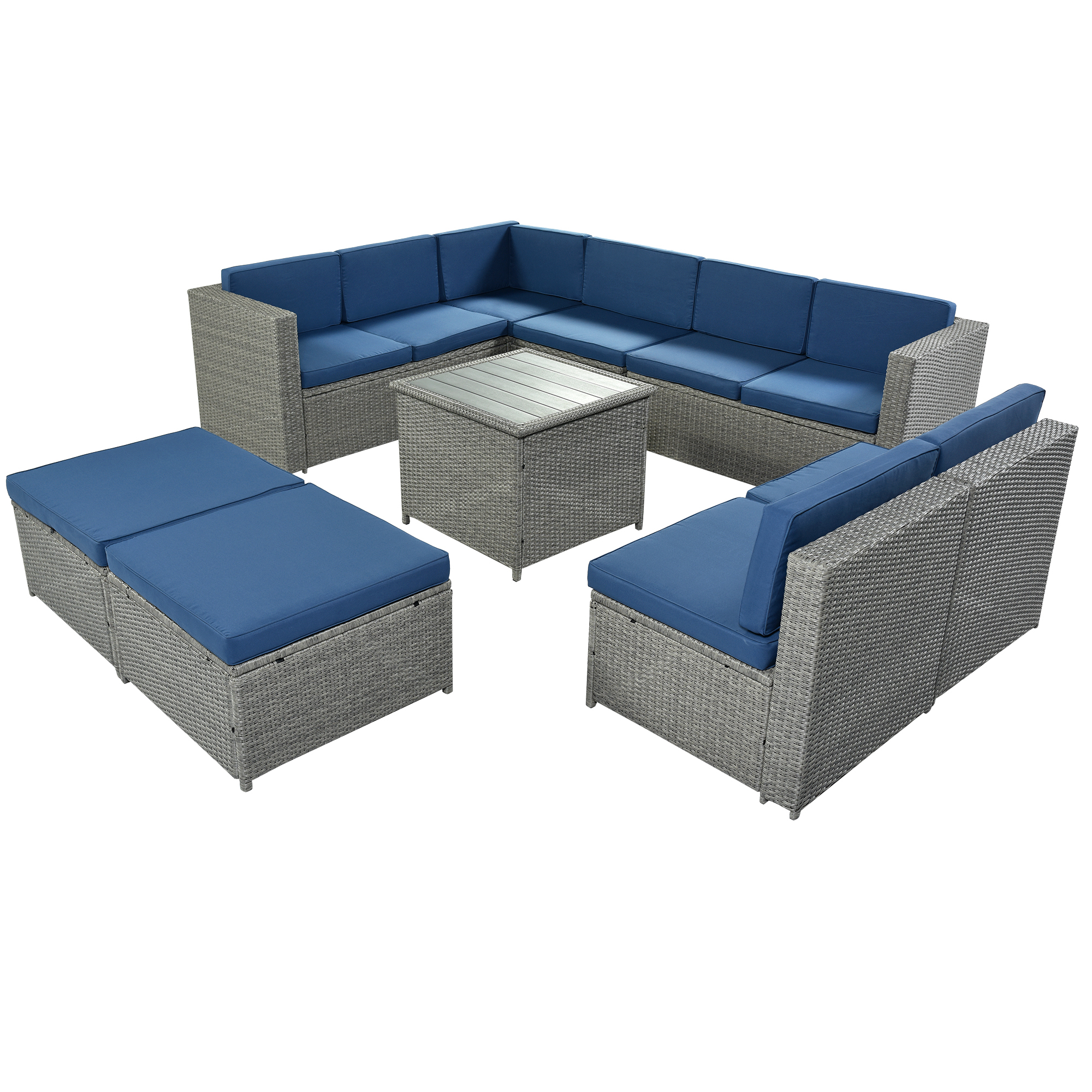  9 Piece Rattan Sectional Seating Group with Cushions and Ottoman, Patio Furniture Sets, Outdoor Wicker Sectional-CASAINC