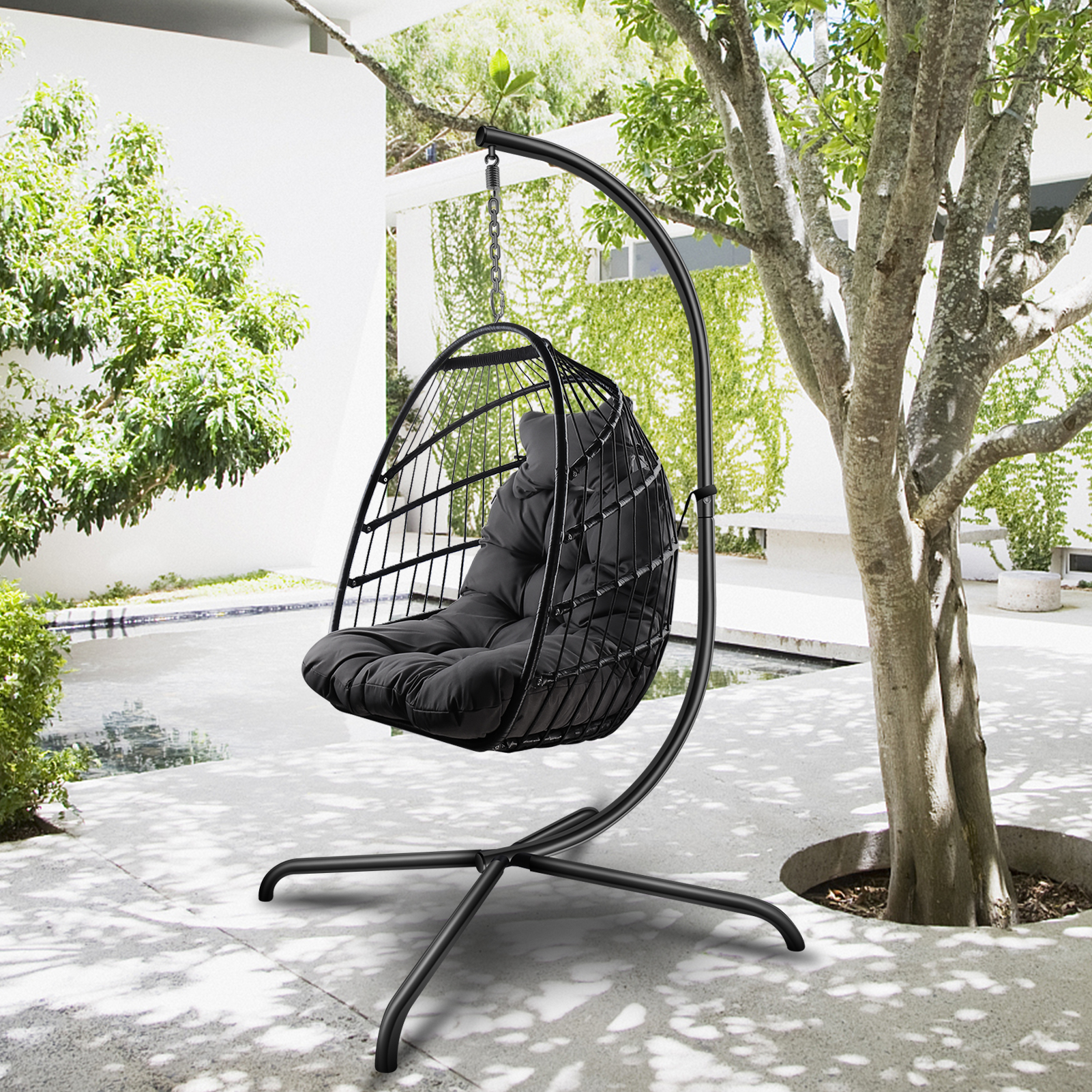 Swing Egg Chair with Stand Indoor Outdoor Wicker Rattan Patio Basket Hanging Chair with C Type bracket , with cushion and pillow,Patio Wicker folding Hanging Chair( Black New arrivals within 10 days)-CASAINC