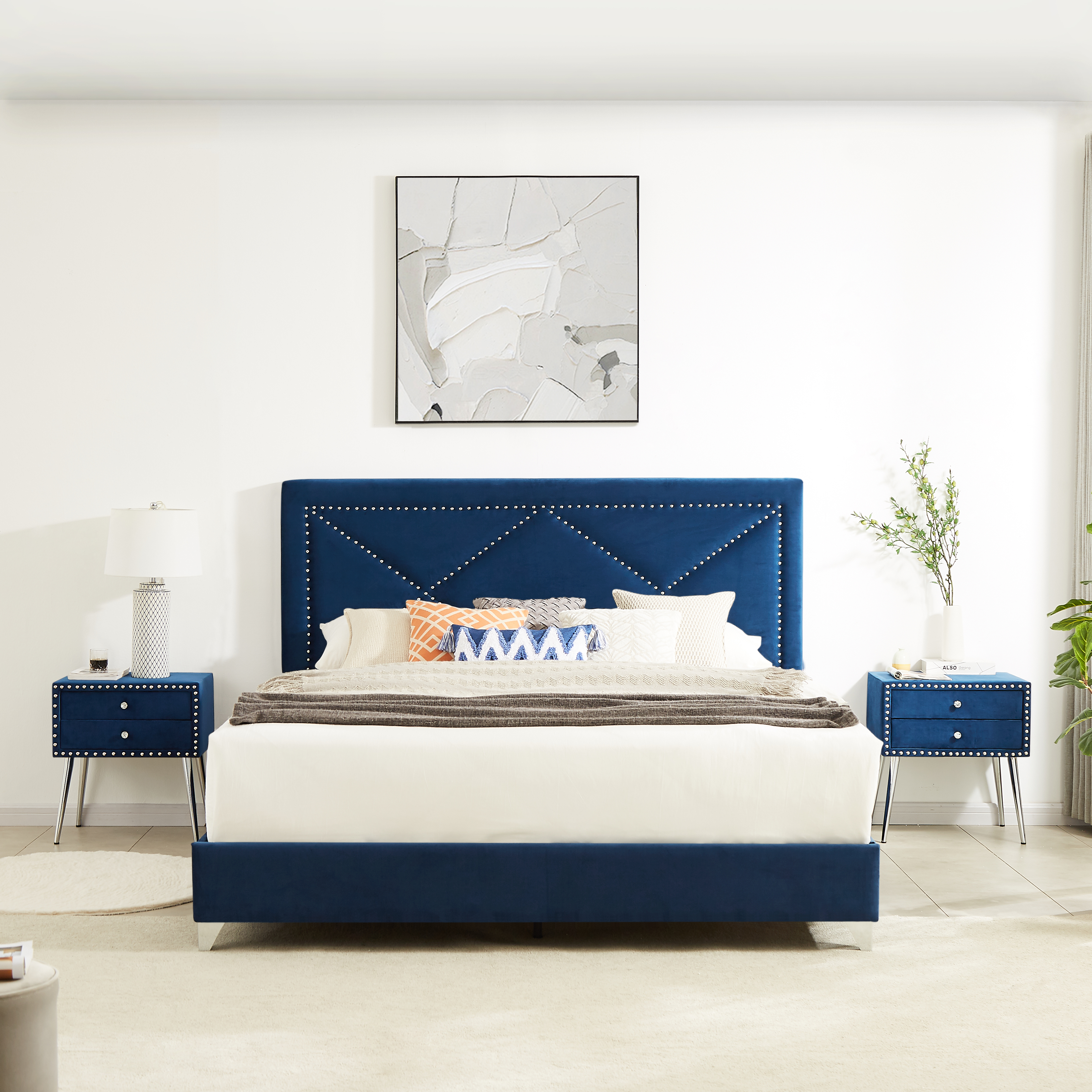 B109 Soft mattress with copper nail headboard, King Bed, strong wooden slats + metal support feet, Dark Blue Flannelette-CASAINC