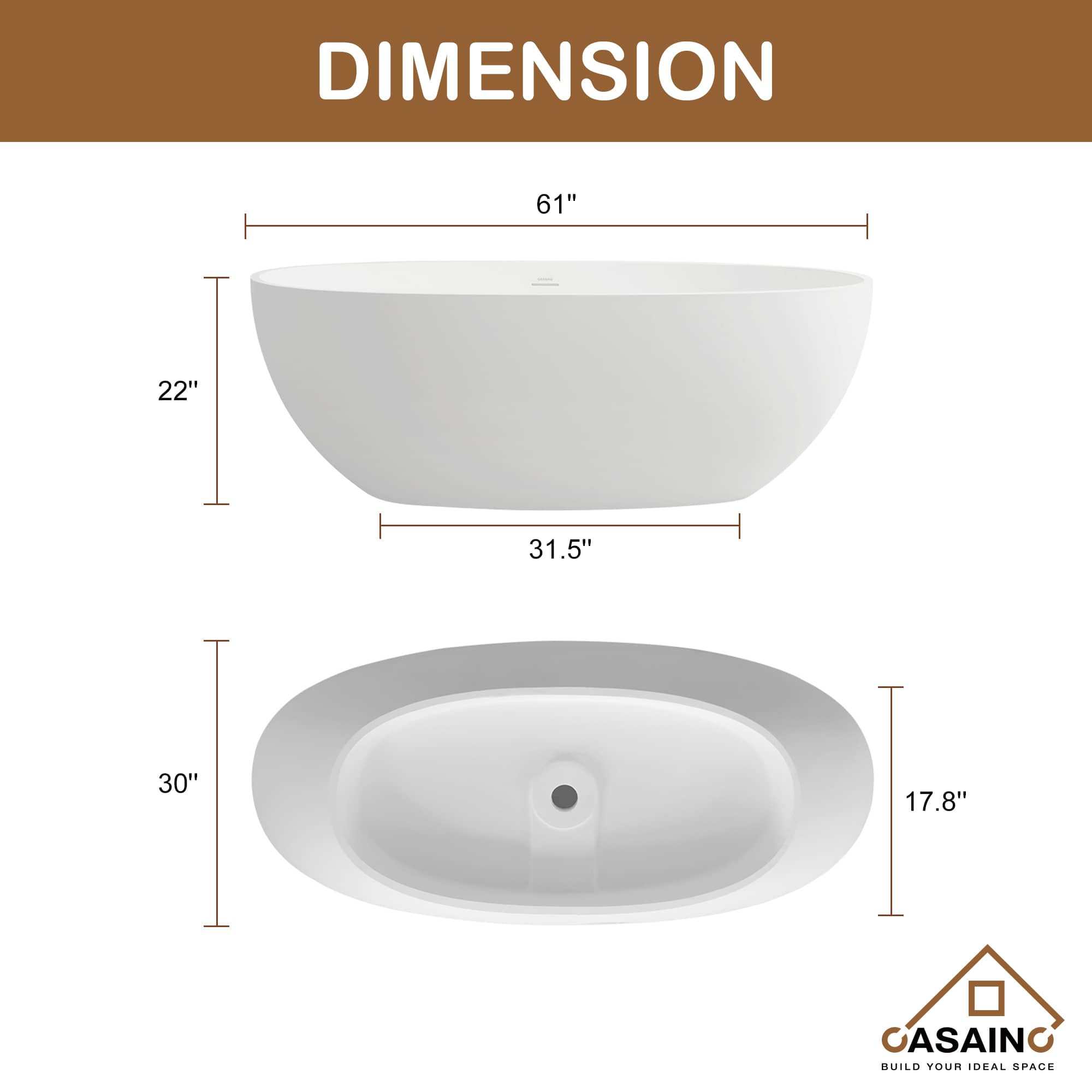 CASAINC 61 in. Solid Surface Free-Standing Bathtub with Centre Drain in Matte White