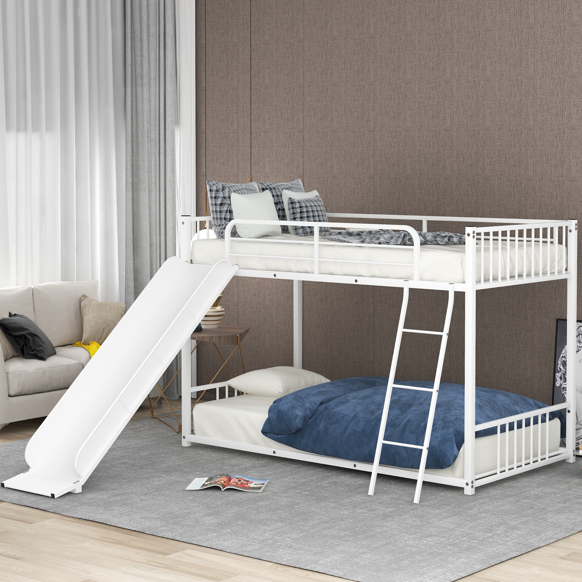 Metal Bunk Bed with Slide, Twin over Twin, White(Expected Ariival Time:2.7)-CASAINC