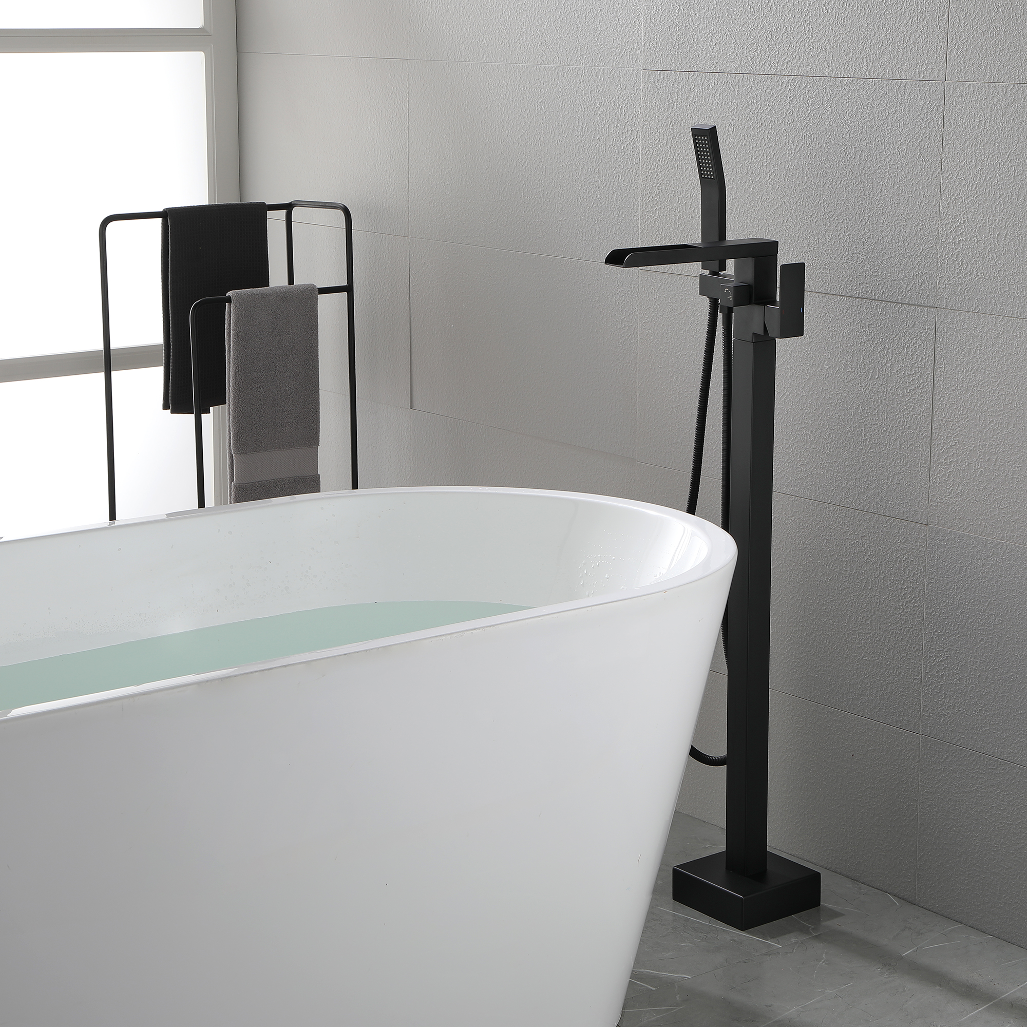 Waterfall Freestanding Single Handle Floor Mounted Clawfoot Tub Faucet with Handshower-CASAINC