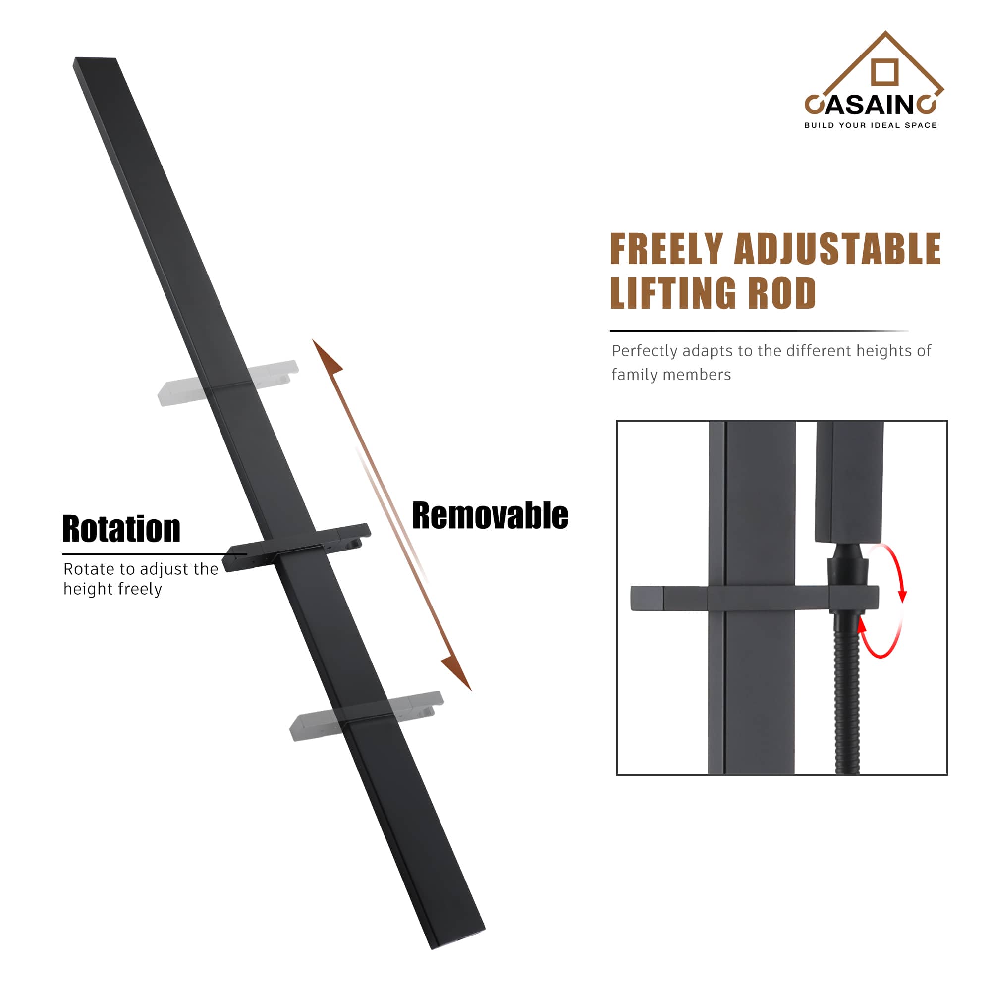 CASAINC Matte Black Shower System with Slide Bar and Rainfall Shower Head/Hand-Held Shower