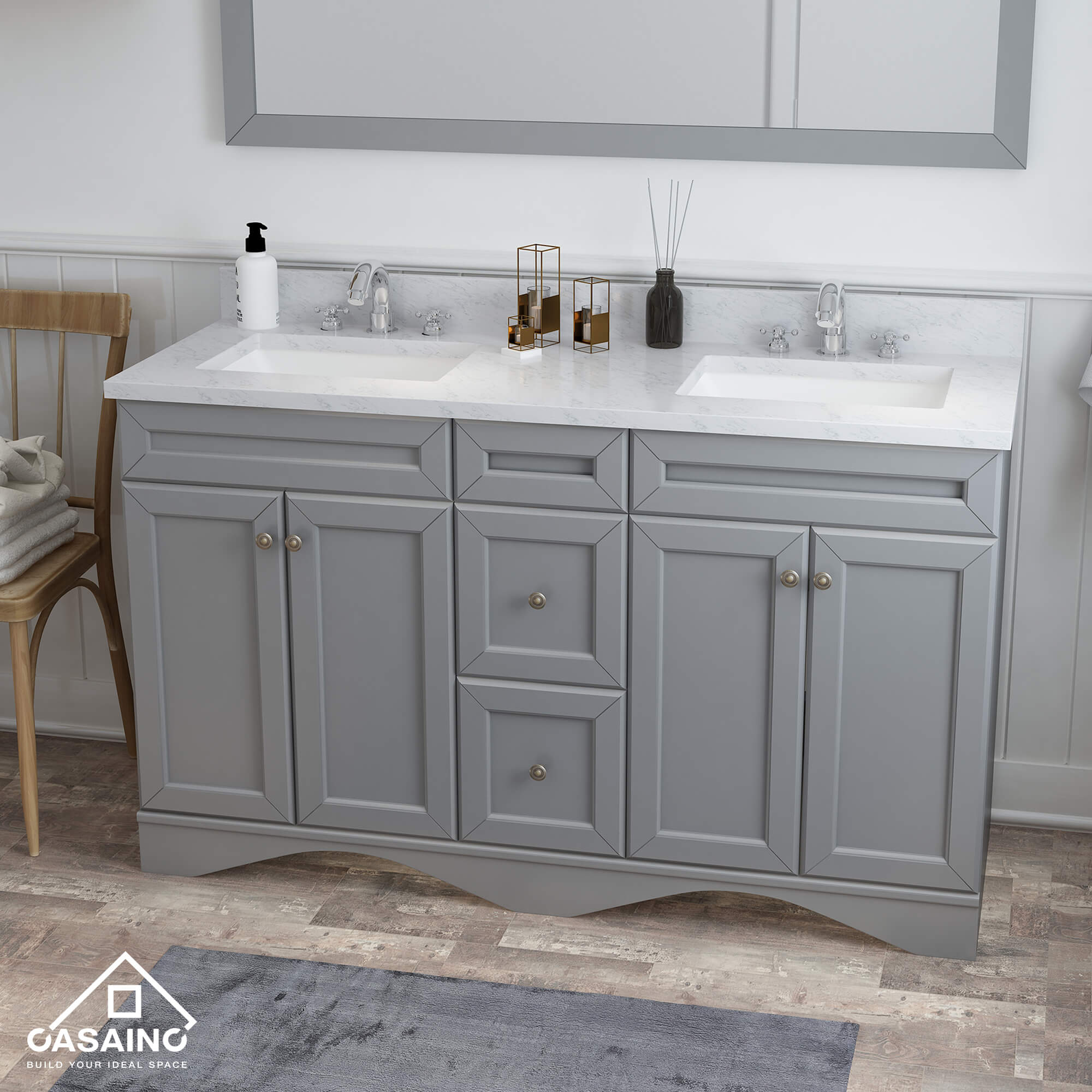 CASAINC 60 x 22 x 35.4 in. Solid Wood Bath Vanity with Marble Top and Backsplash in Gray/White (No/With Mirror)