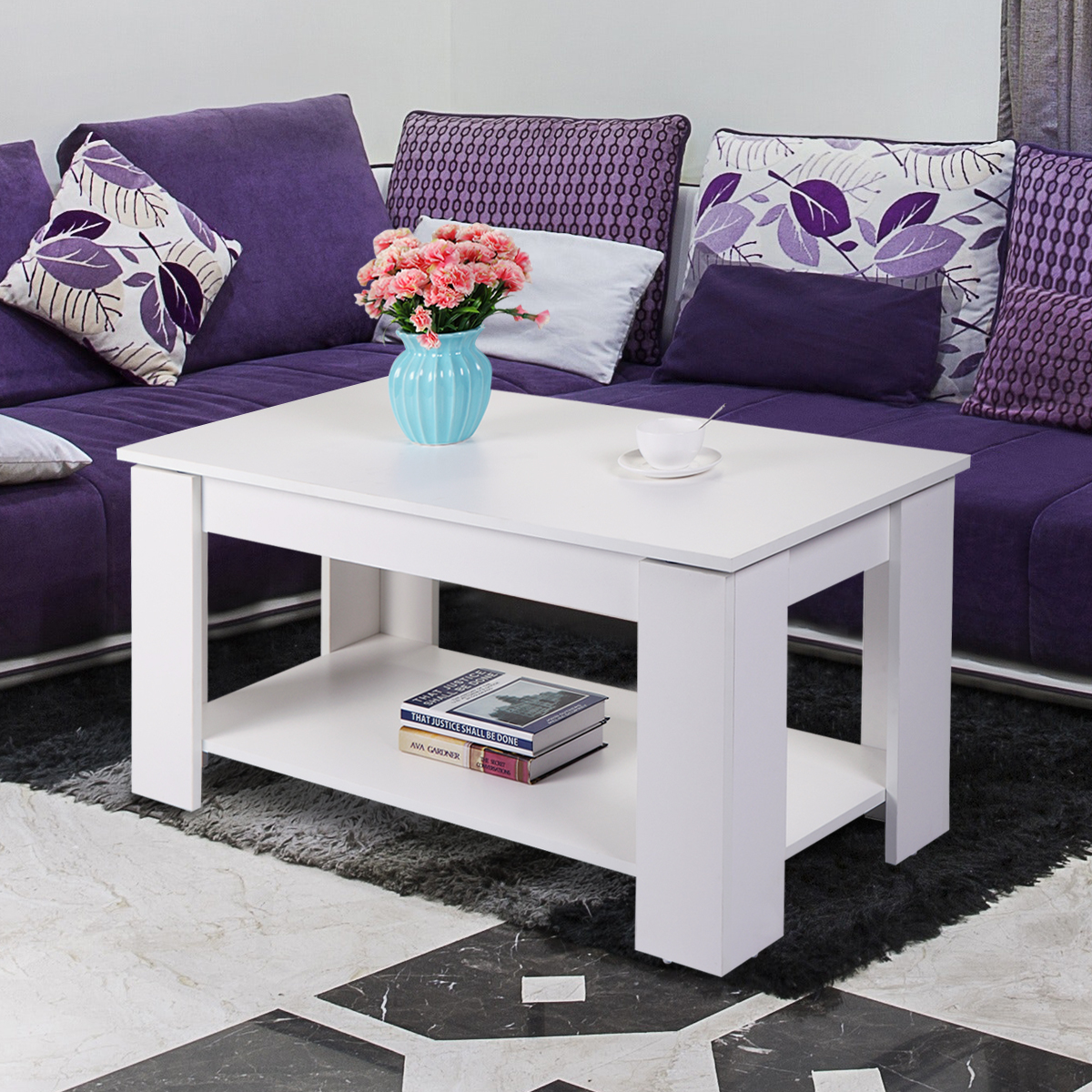 Lift Top Coffee Table with Hidden Compartment and Open Shelf, Modern Wooden Table for Home Living Room, White-CASAINC