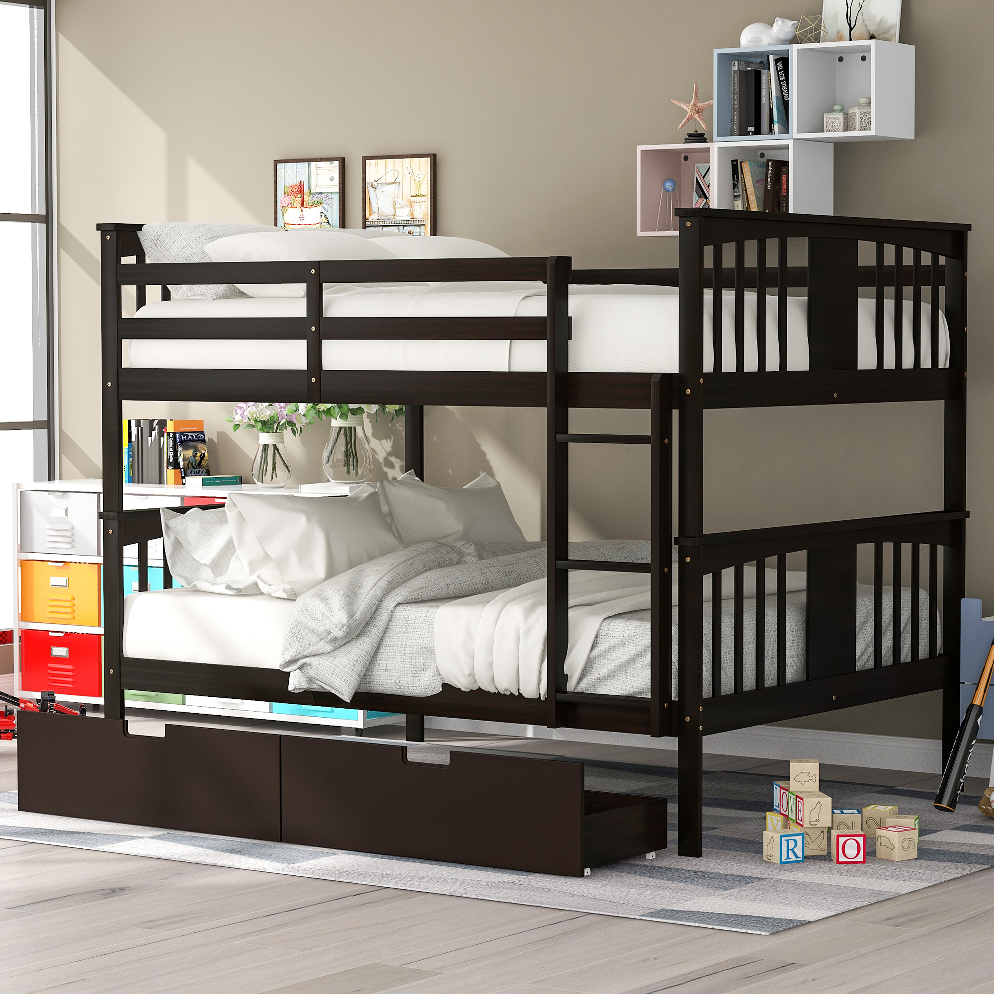 Full over Full Bunk Bed with Drawers and Ladder for Bedroom, Guest Room Furniture-Espresso(OLD SKU :LP000205AAP)-CASAINC