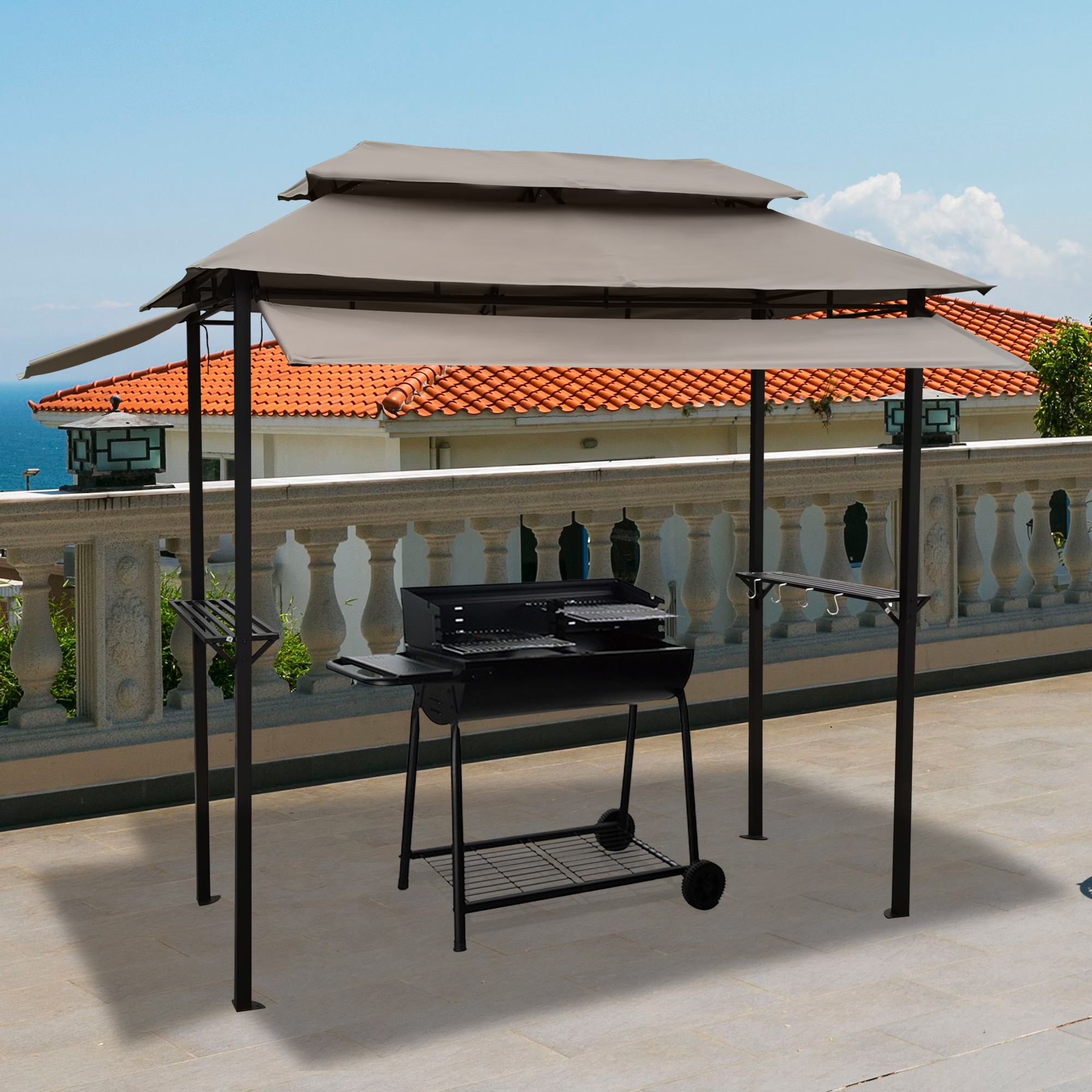 8x4ft Grill Gazebo,metal gazebo with Soft Top Canopy and Steel Frame with hook and Bar Counters,Mushroom fabric