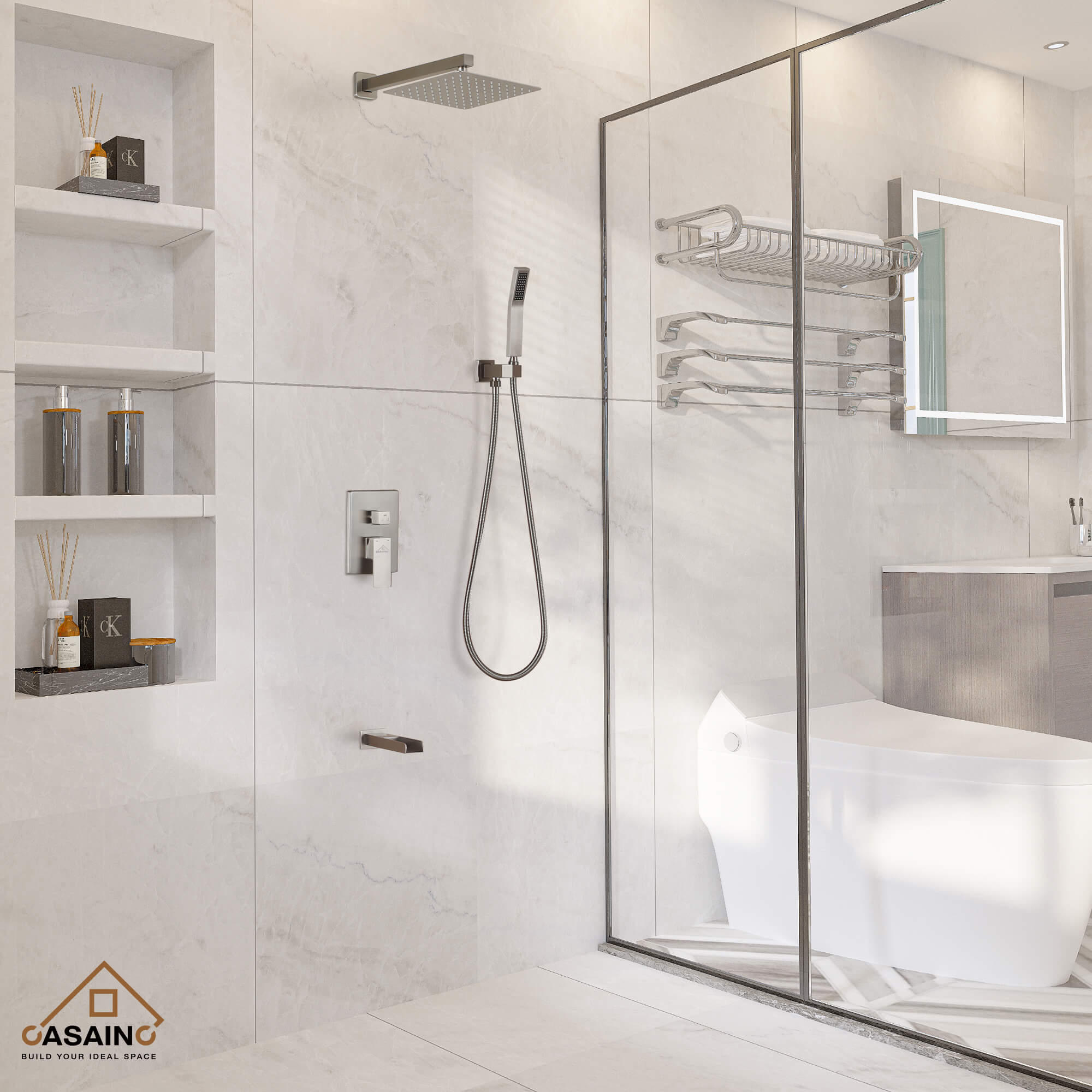 CASAINC Wall Mounted Shower System with Handheld Shower and Bathtub Faucet in Brushed Nickel