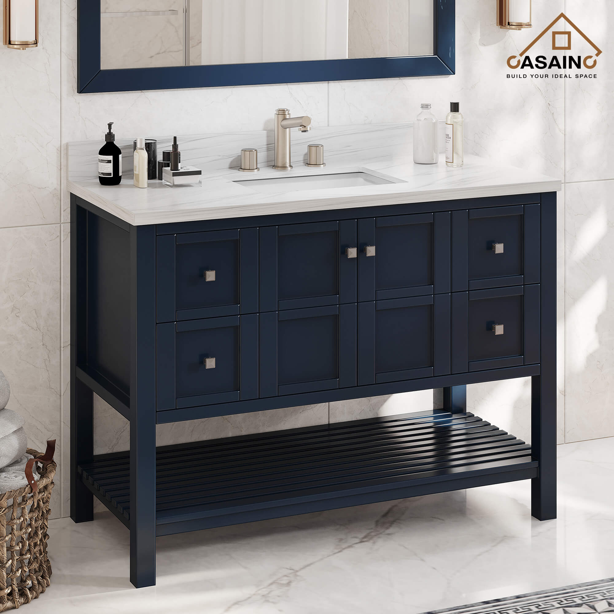 CASAINC 48 x 22 x 35.4 in. Solid Wood Navy Blue Bath Vanity with Carrara White Marble Countertop (No/With Mirror)