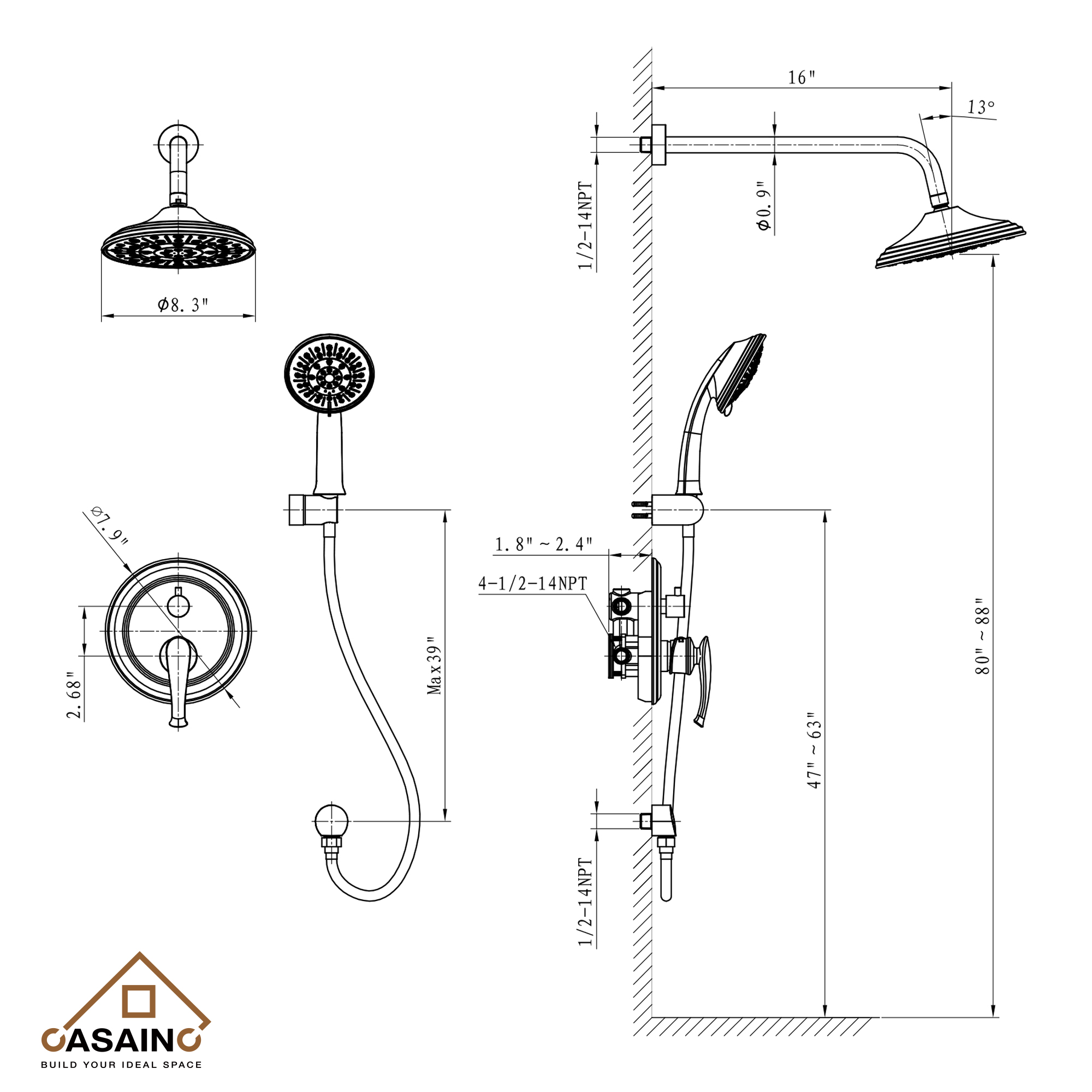 8.3inch Wall-mounted rain shower faucet with pressure balanced valve-CASAINC