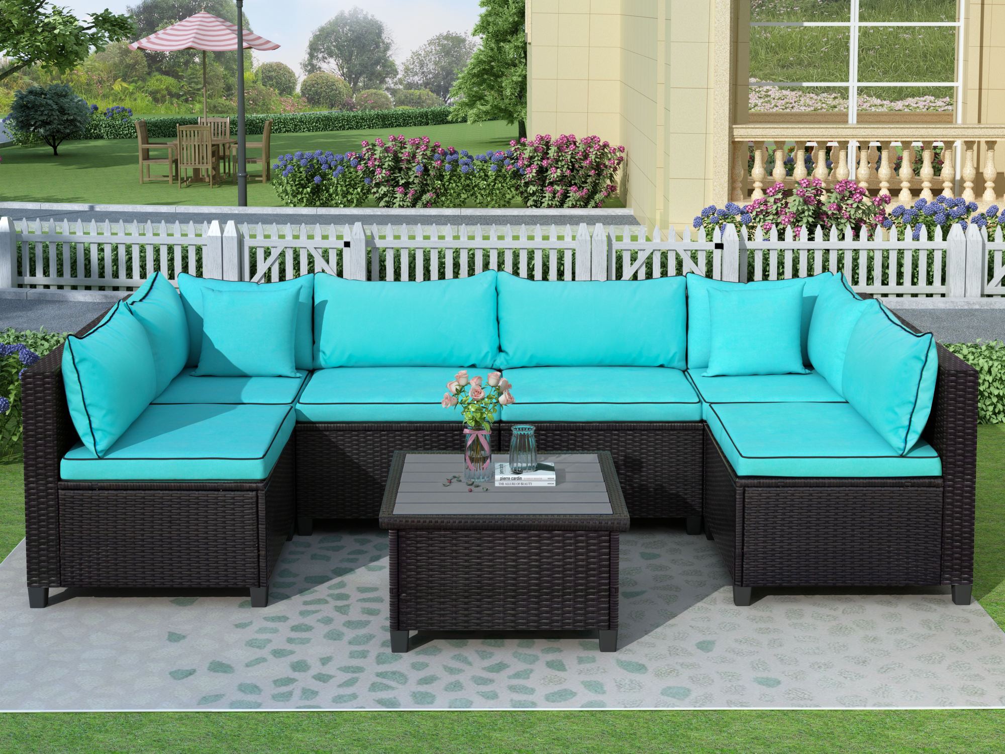 U-style Quality Rattan Wicker Patio Set, U-Shape Sectional Outdoor Furniture Set with Cushions and Accent Pillows-CASAINC