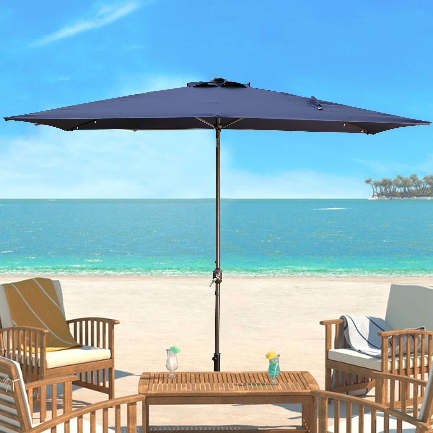 Casainc 10 ft. Aluminum Rectangular Market LED Patio Umbrella in Navy Blue-CASAINC