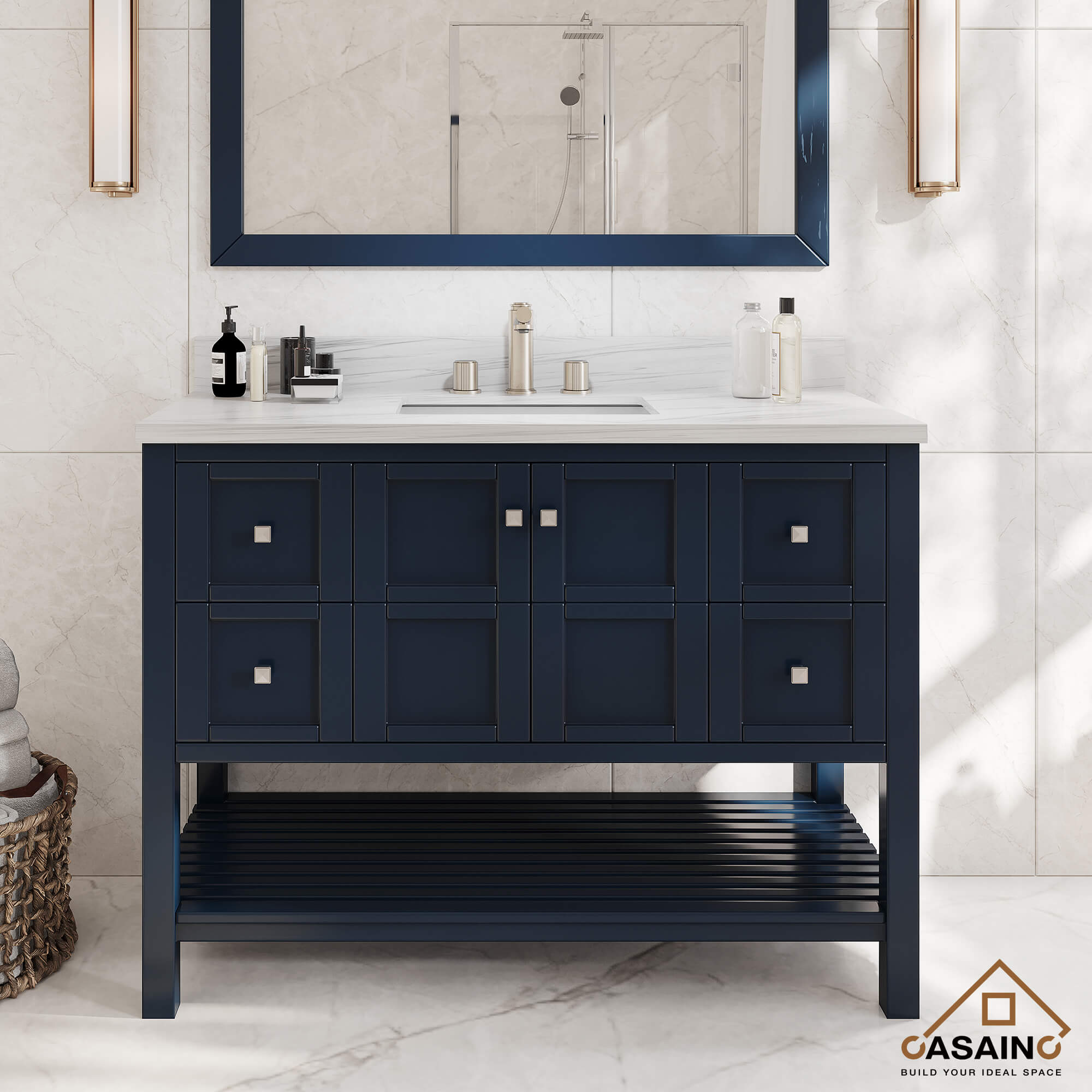 CASAINC 48 x 22 x 35.4 in. Solid Wood Navy Blue Bath Vanity with Carrara White Marble Countertop (No/With Mirror)