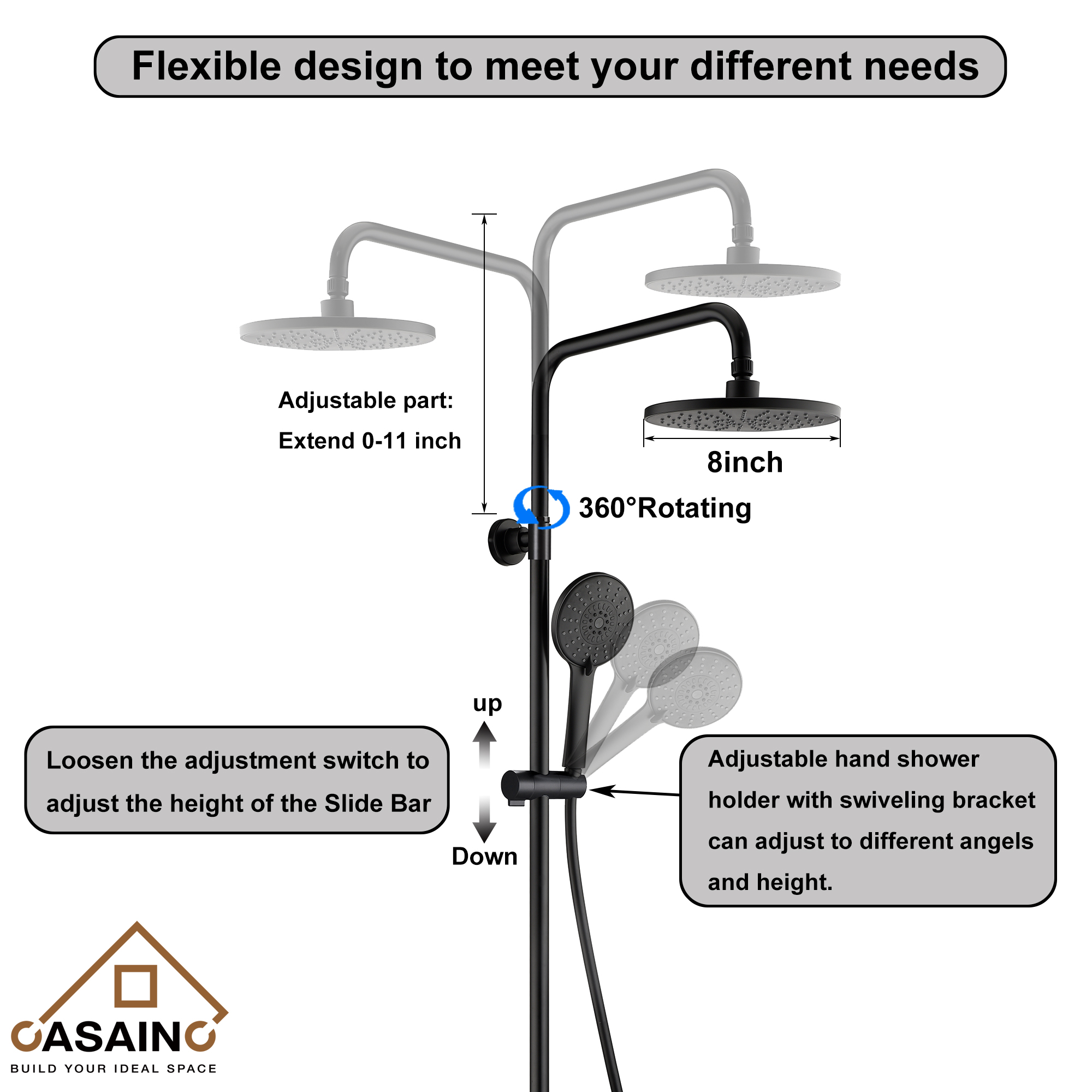 CASAINC 8-in Round spray Shower system with sliding rods in Mattle black