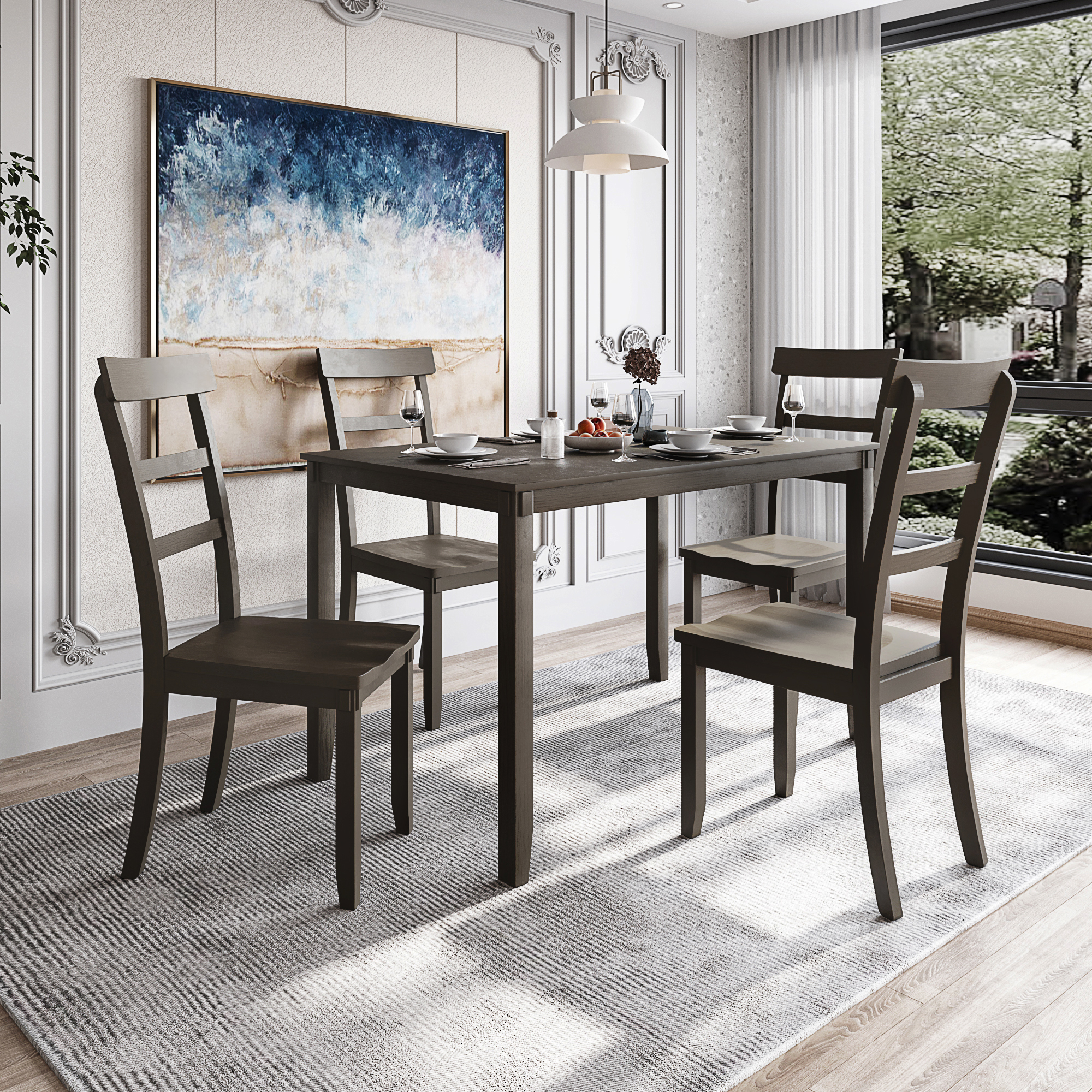 TREXM  5-piece Kitchen Dining Table Set Wood Table and Chairs Set for Dining Room (Gray)-CASAINC