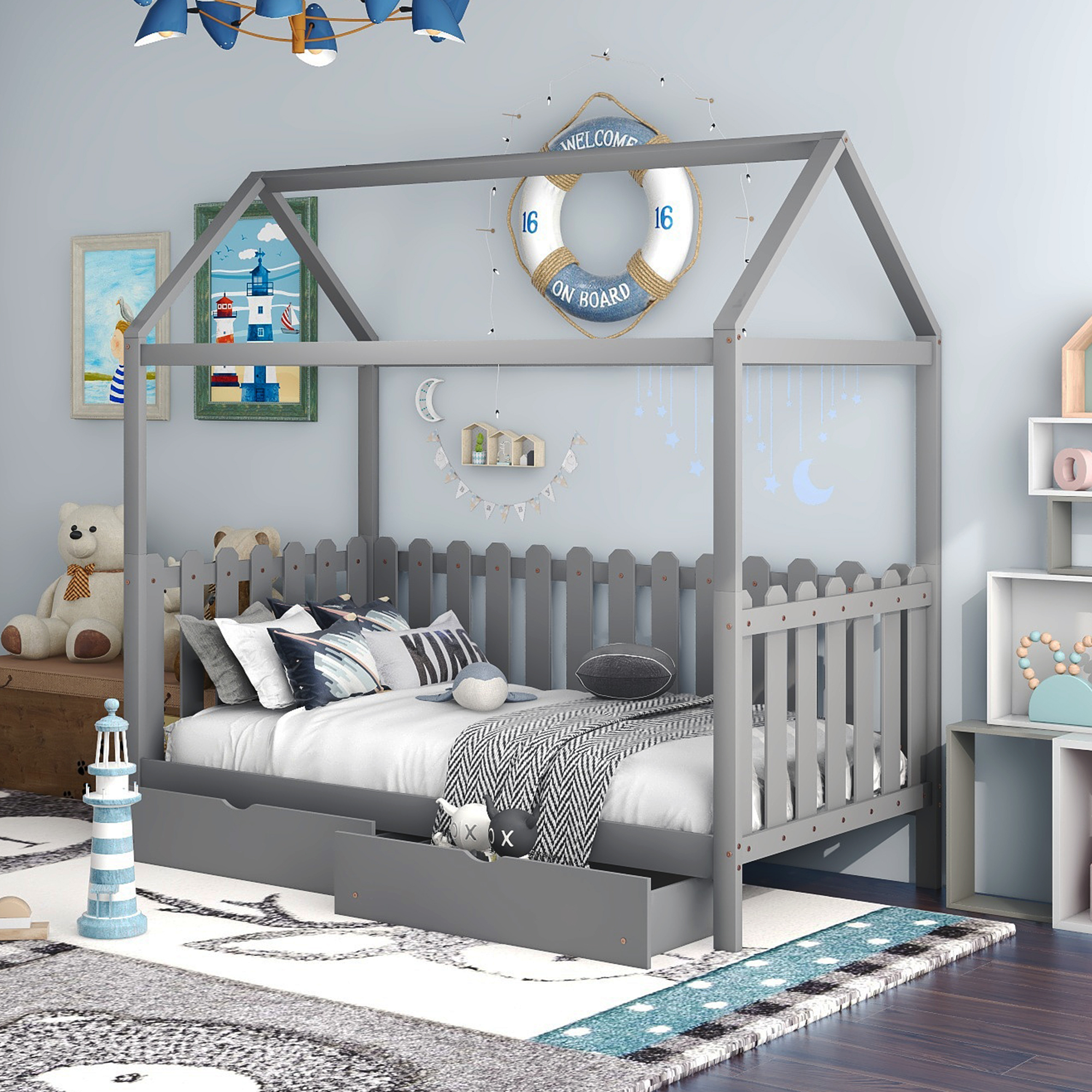 Twin Size House Bed with drawers, Fence-shaped Guardrail, Gray-CASAINC