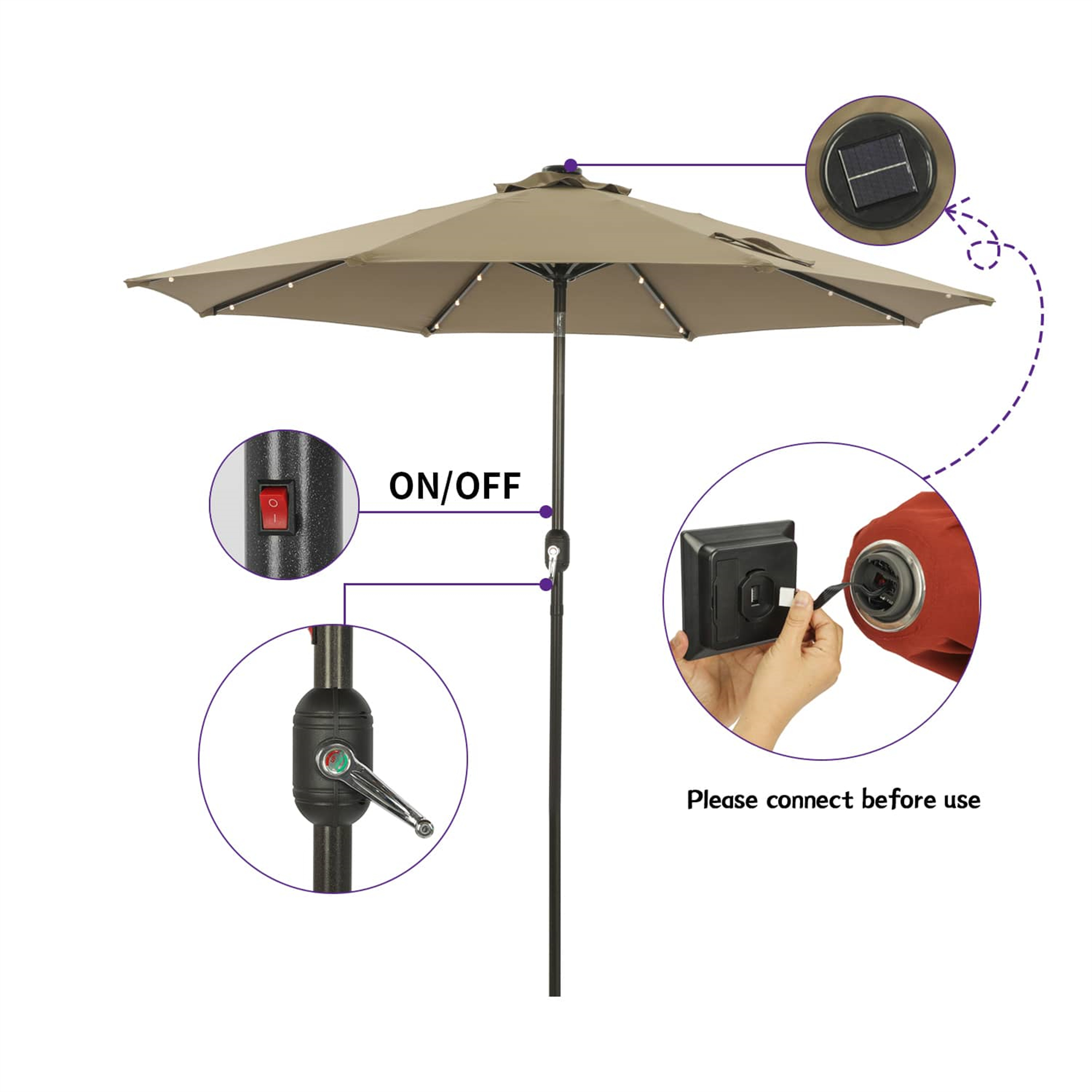 CASAINC 9Ft Patio Umbrella with 32 LED Solar Lights