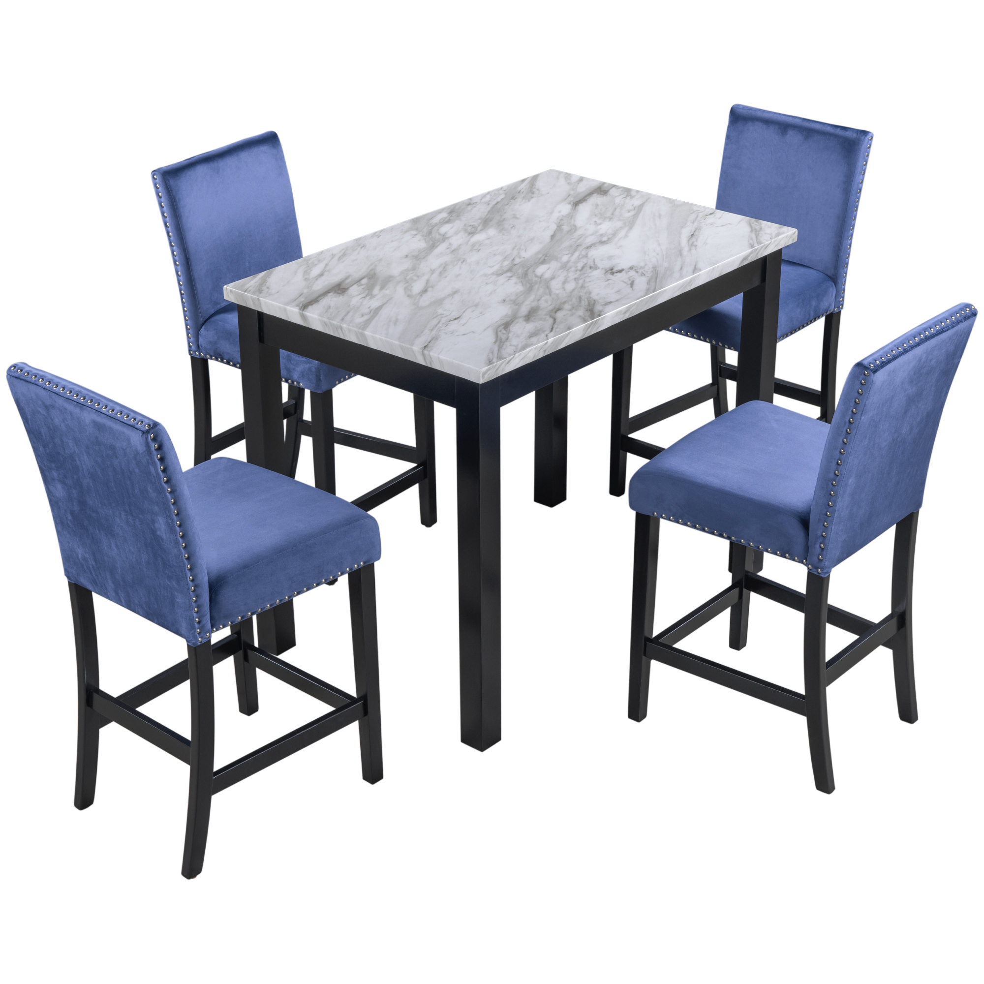 Modern 5-Piece Counter Height Dining Table Set with 4 Upholstered Dining Chairs, Faux Marble White Table+Blue Chairs-CASAINC