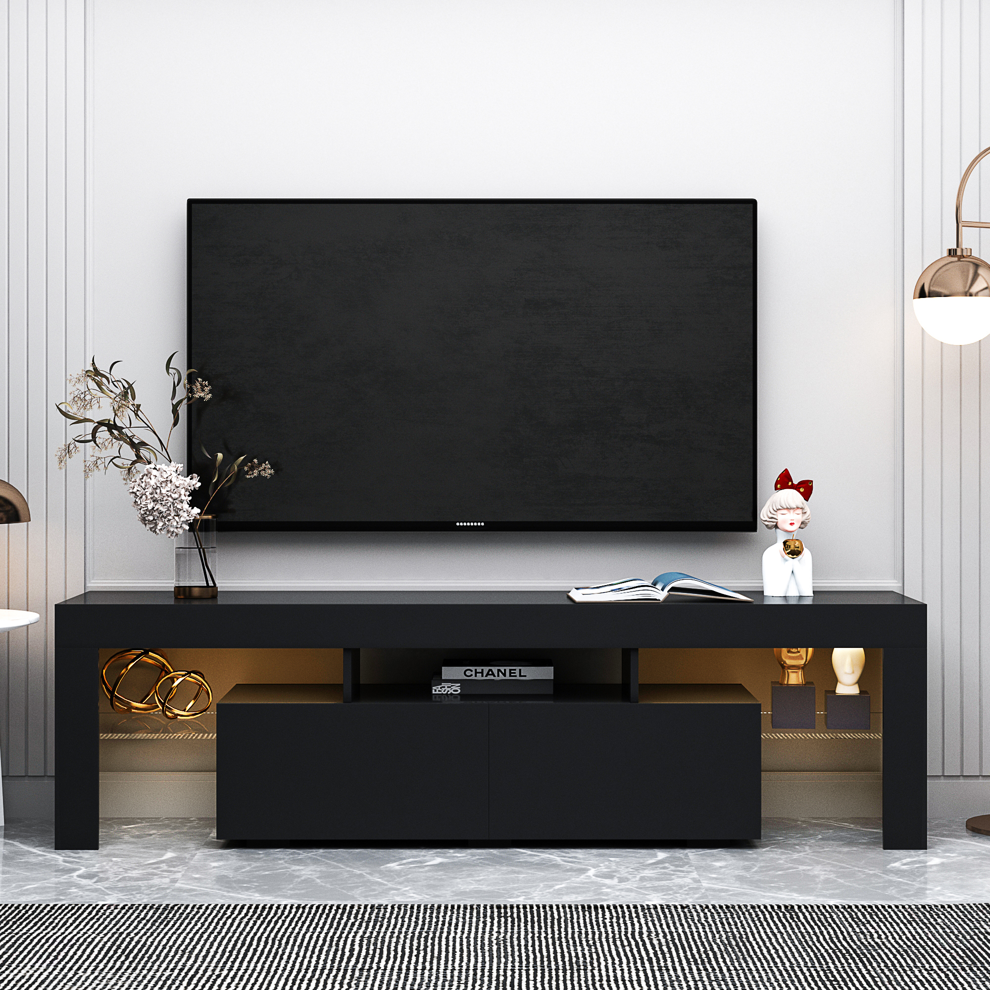 Modern Black TV Stand, 20 Colors LED TV Stand w/Remote Control Lights-CASAINC