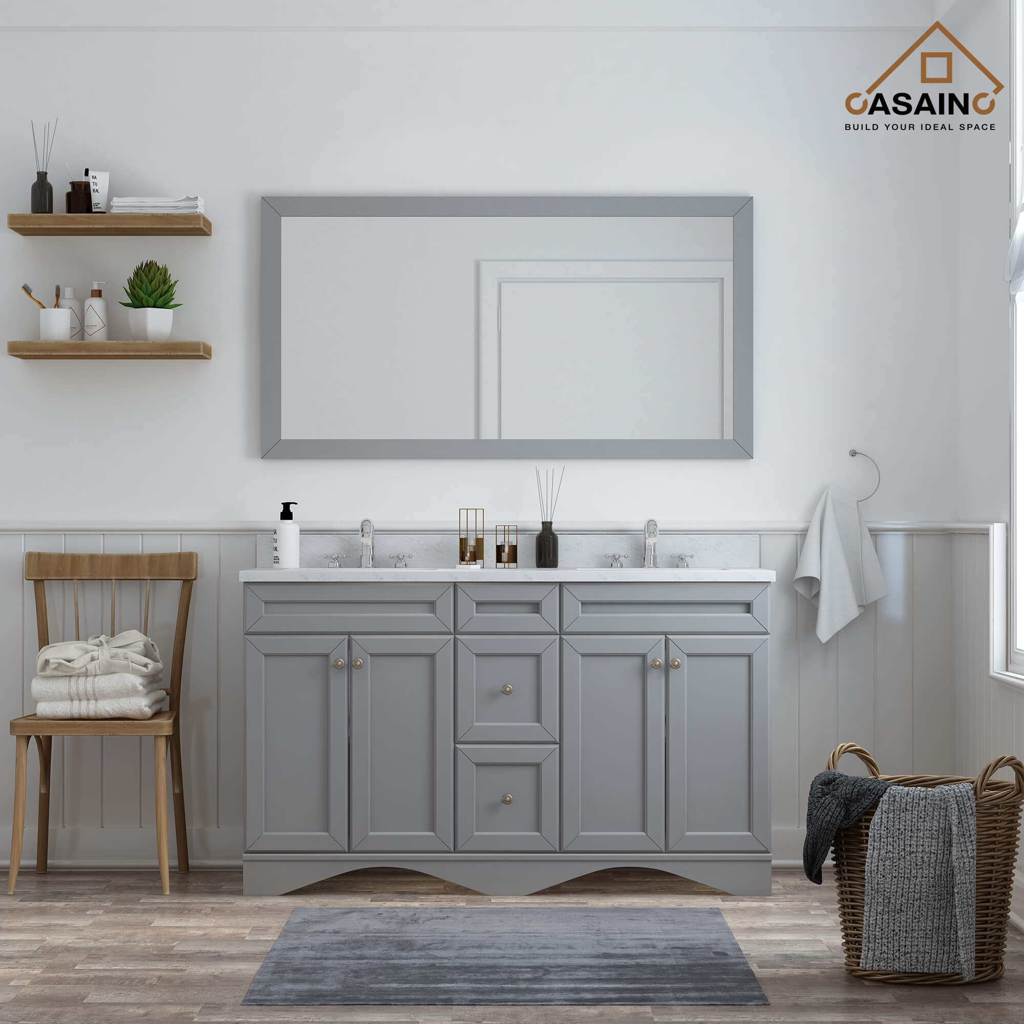 CASAINC 60 x 22 x 35.4 in. Solid Wood Bath Vanity with Marble Top and Backsplash in Gray/White (No/With Mirror)
