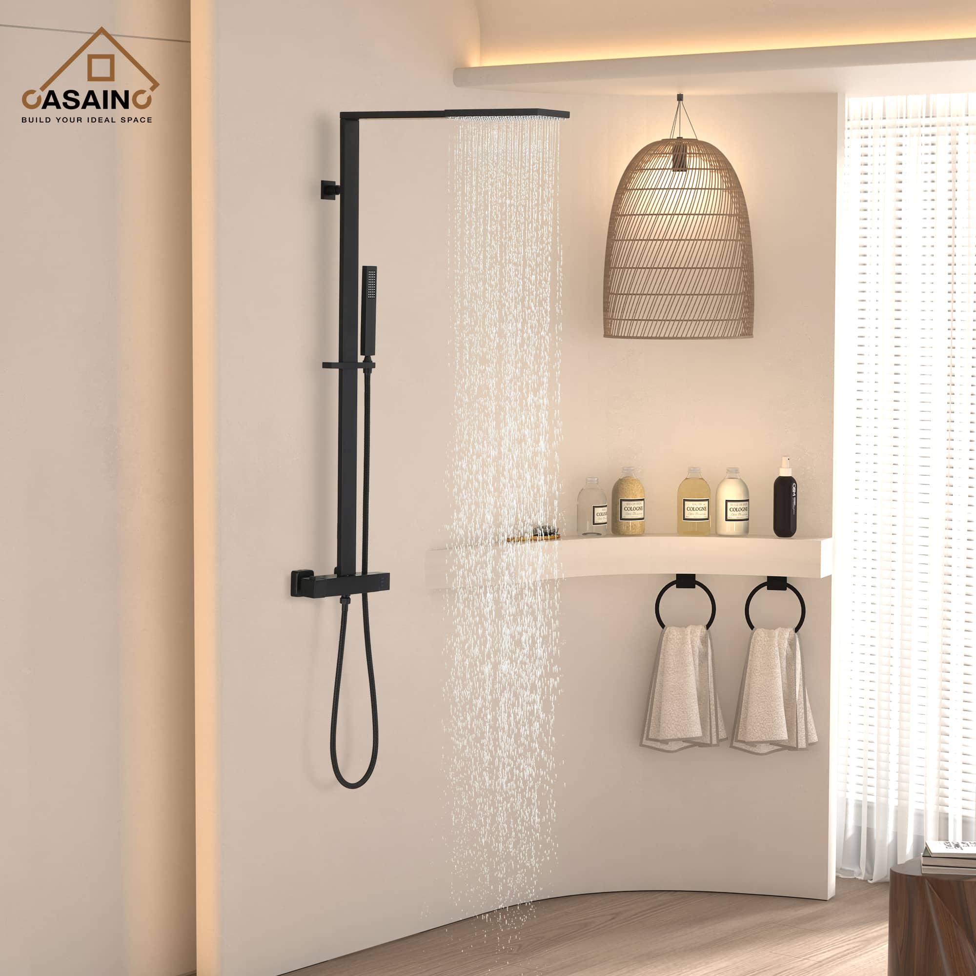 CASAINC Matte Black Shower System with Slide Bar and Rainfall Shower Head/Hand-Held Shower