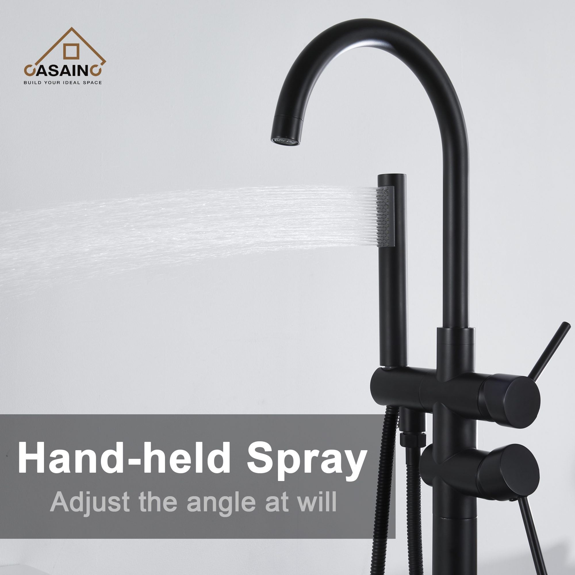 CASAINC Double-Handles Floor-Mount Freestanding Tub Filler with Handshower