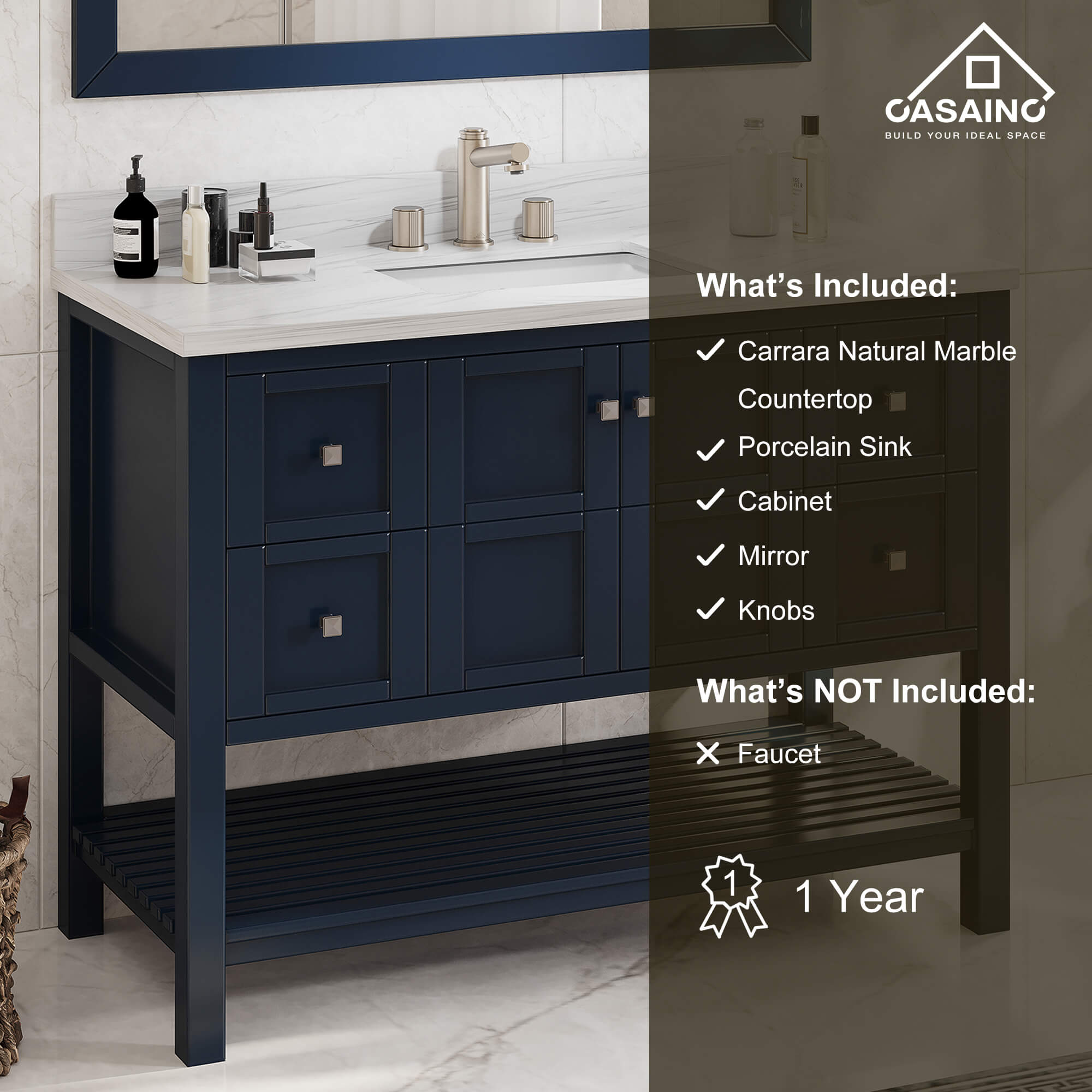 CASAINC 48 x 22 x 35.4 in. Solid Wood Navy Blue Bath Vanity with Carrara White Marble Countertop (No/With Mirror)