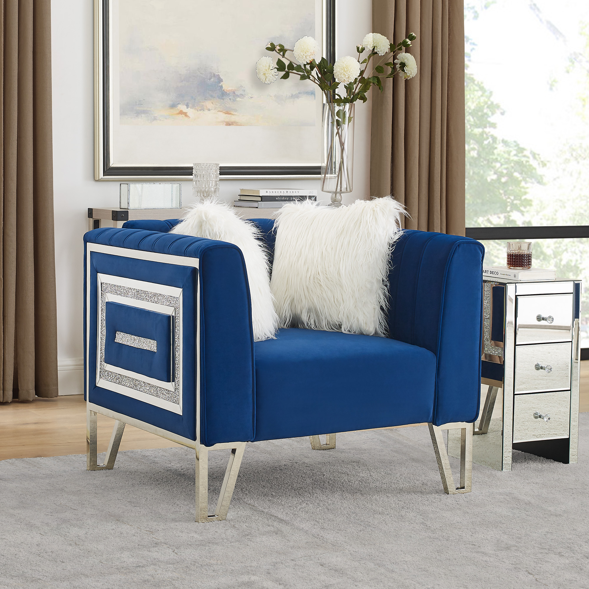 Sofa Chair with Mirrored Side Trim with Faux Diamonds and Stainless Steel Legs, Six White Villose Pillow, Blue (36.5&rdquo;Lx32.75&rdquo;Wx29.5&rdquo;H)-CASAINC