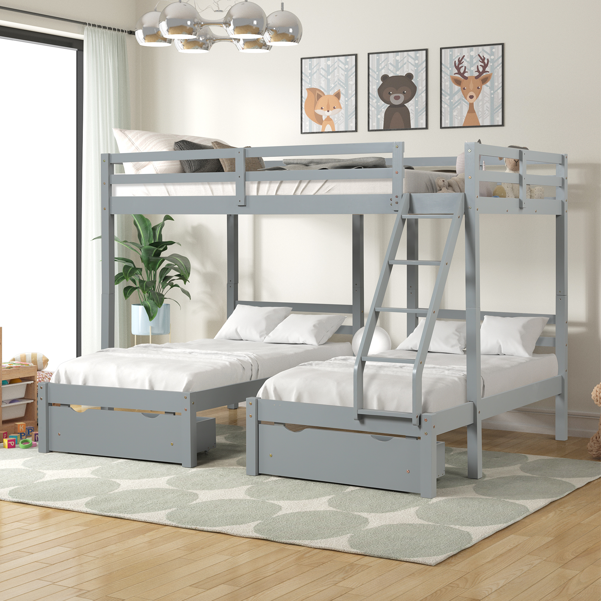 Solid Wood Full over  Twin  Twin Bunk Bed with 3 Storage Drawers, Grey (96.8&rdquo;x79&rdquo;x68.3&rdquo;)-CASAINC