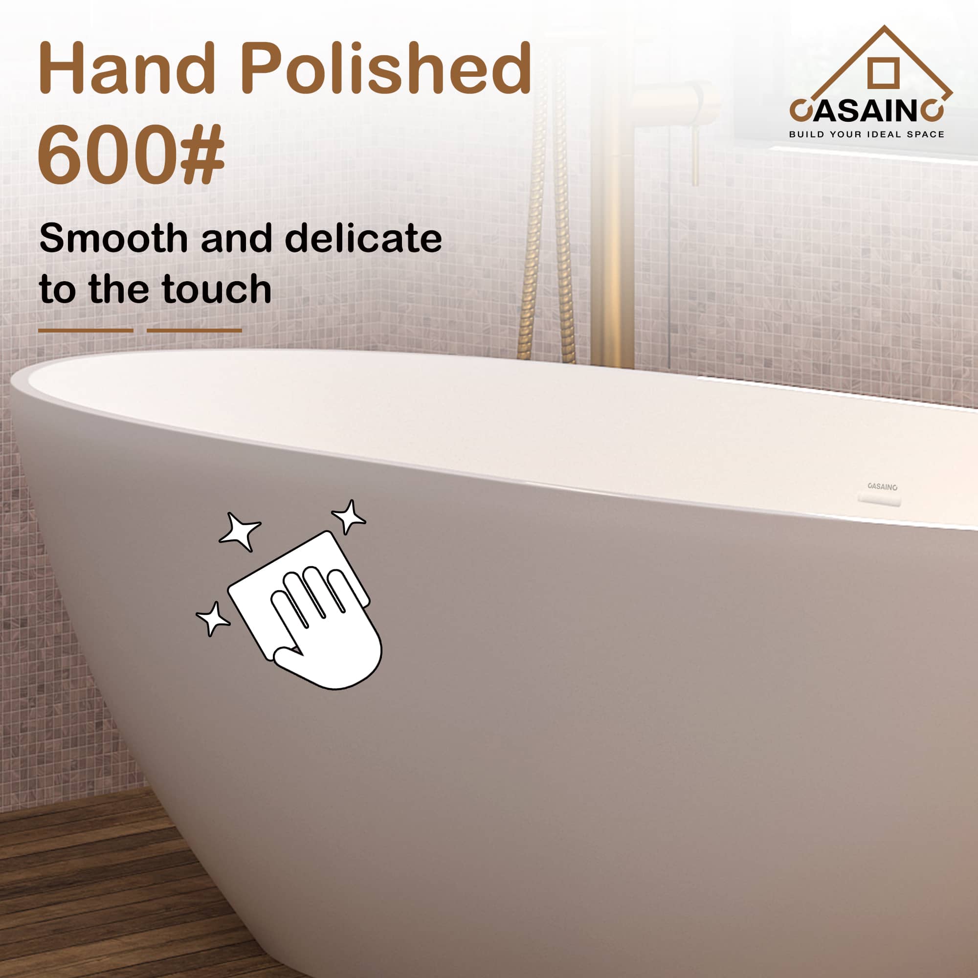 CASAINC 61 in. Solid Surface Free-Standing Bathtub with Centre Drain in Matte White