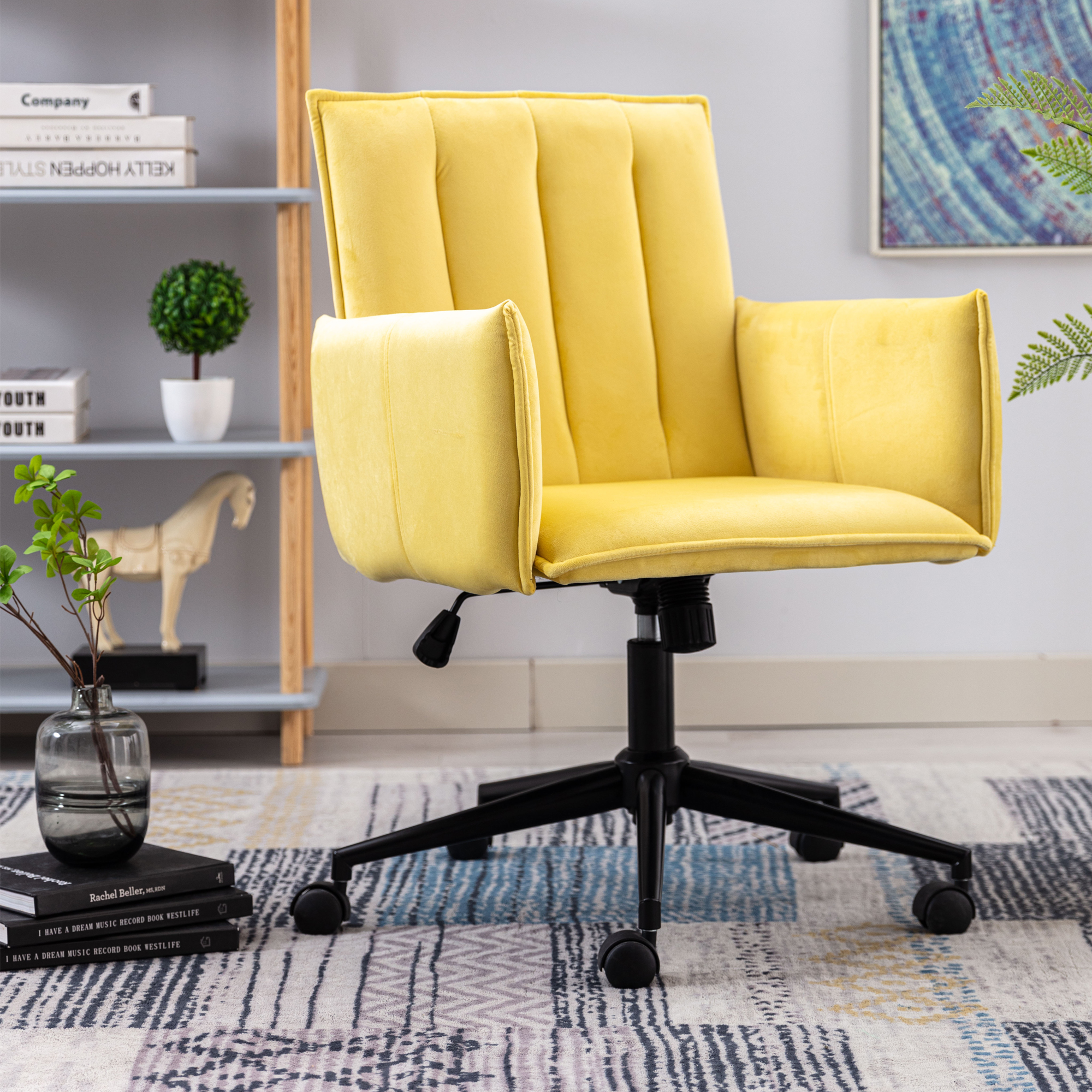 Hengming Velvet Fabric Home Office Chair Adjustable 360&deg; Swivel Upholstered Accent Chair With Black Foot,yellow-CASAINC