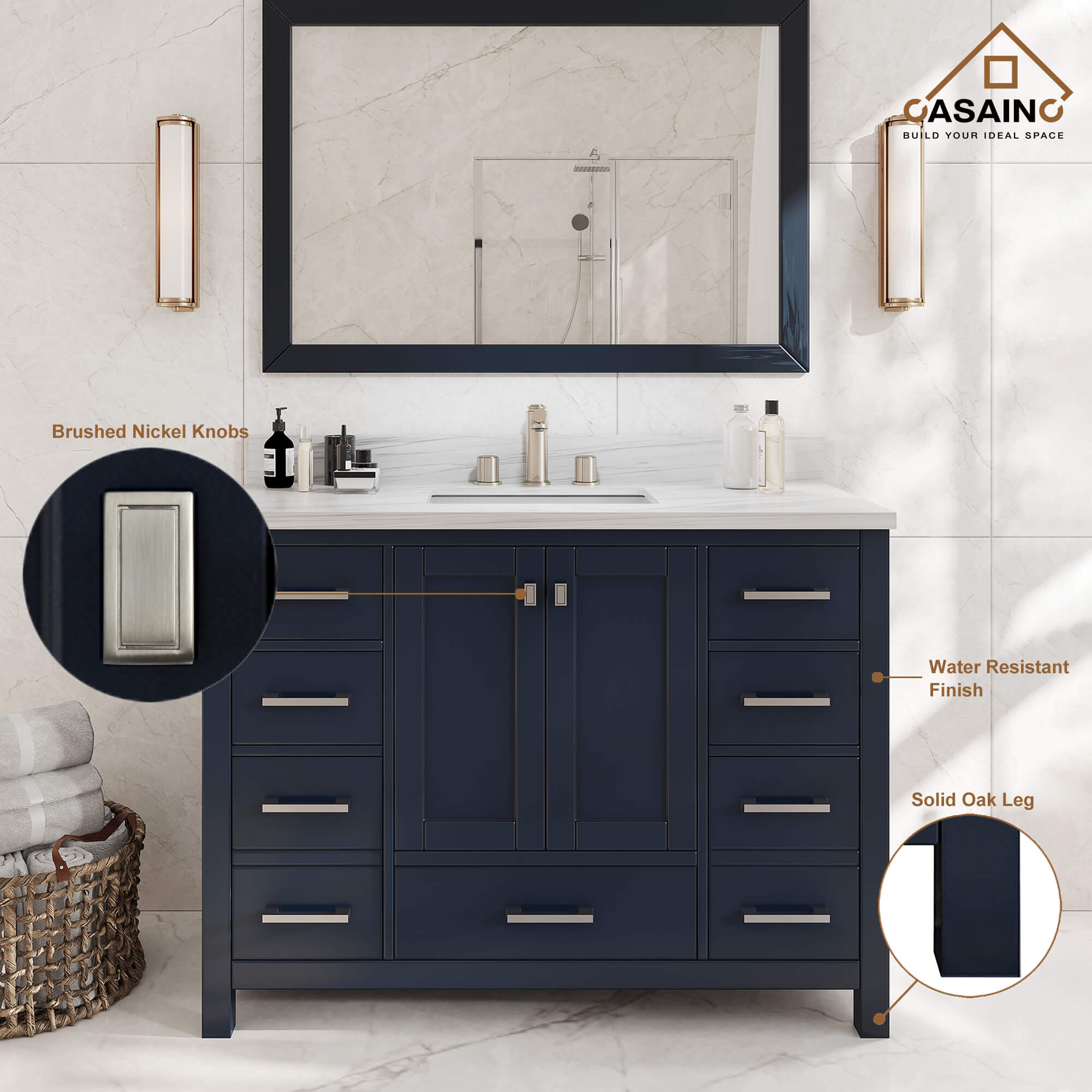 CASAINC 48 x 22 x 35.4 in. Solid Wood Navy Blue Bath Vanity with Carrara White Marble Countertop (No/With Mirror)