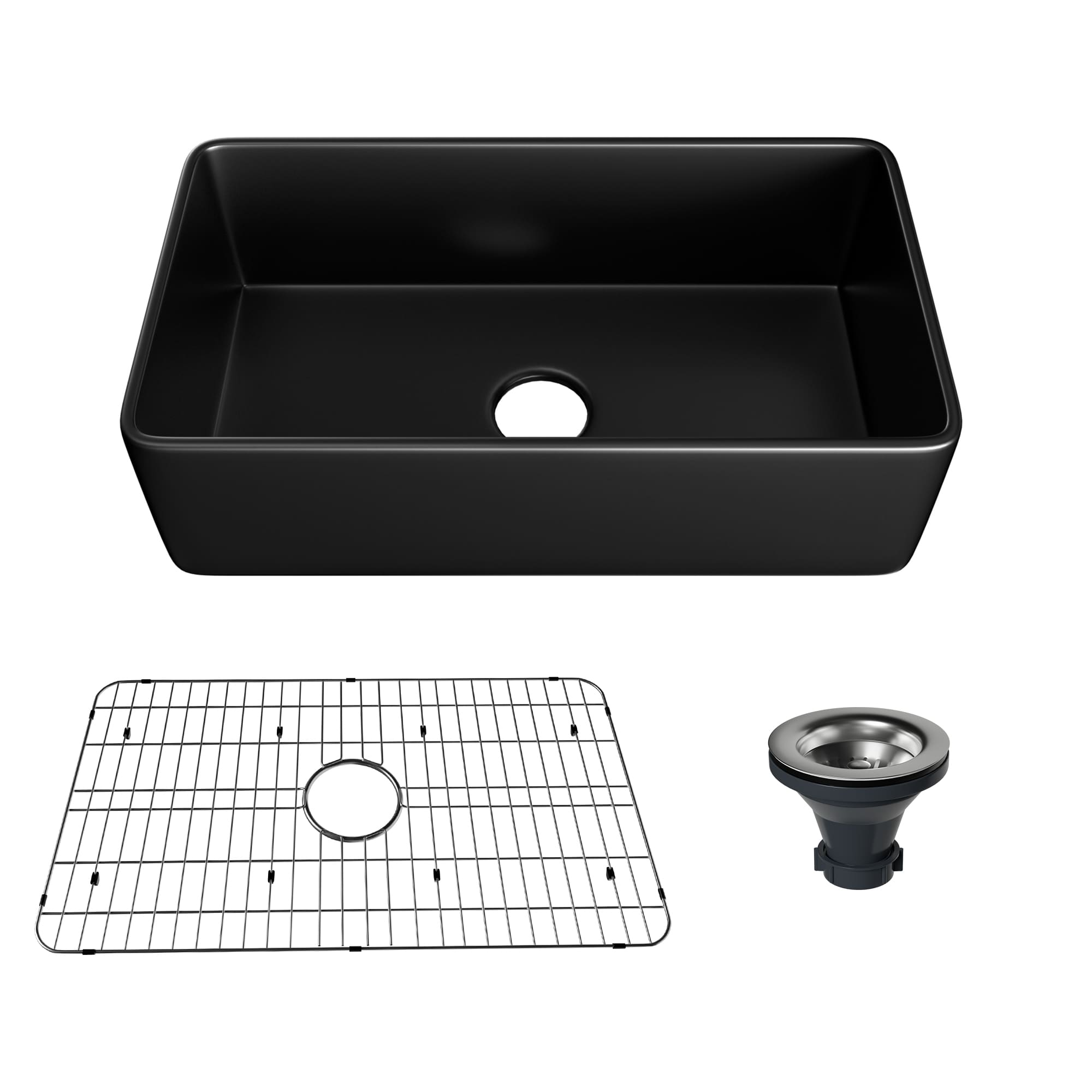 Fireclay 33 in. Single Bowl Farmhouse Apron Kitchen Sink with Bottom Grid and Strainers With cUPC Certified, in White Glossy/Matte Black