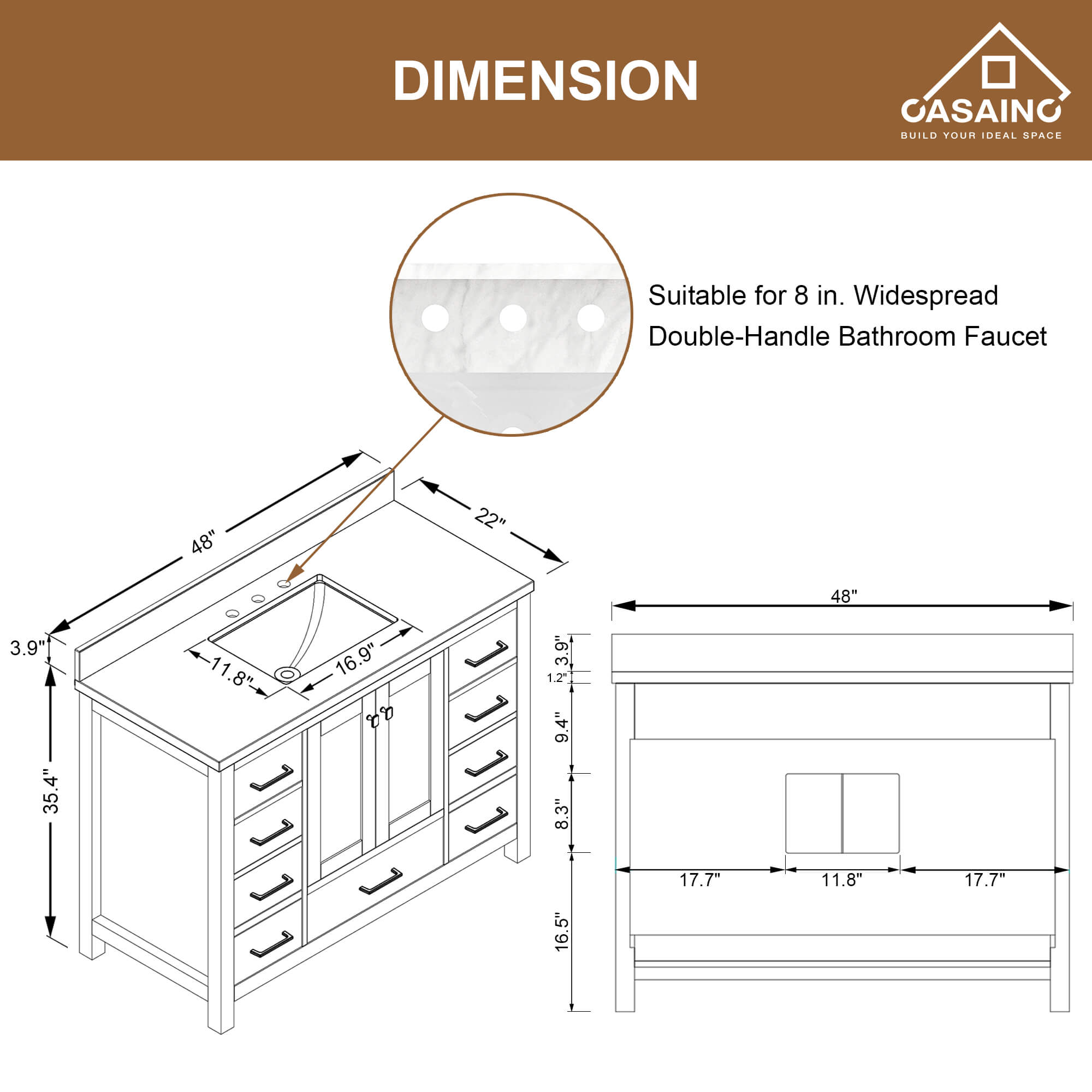 CASAINC 48 x 22 x 35.4 in. Solid Wood Navy Blue Bath Vanity with Carrara White Marble Countertop (No/With Mirror)