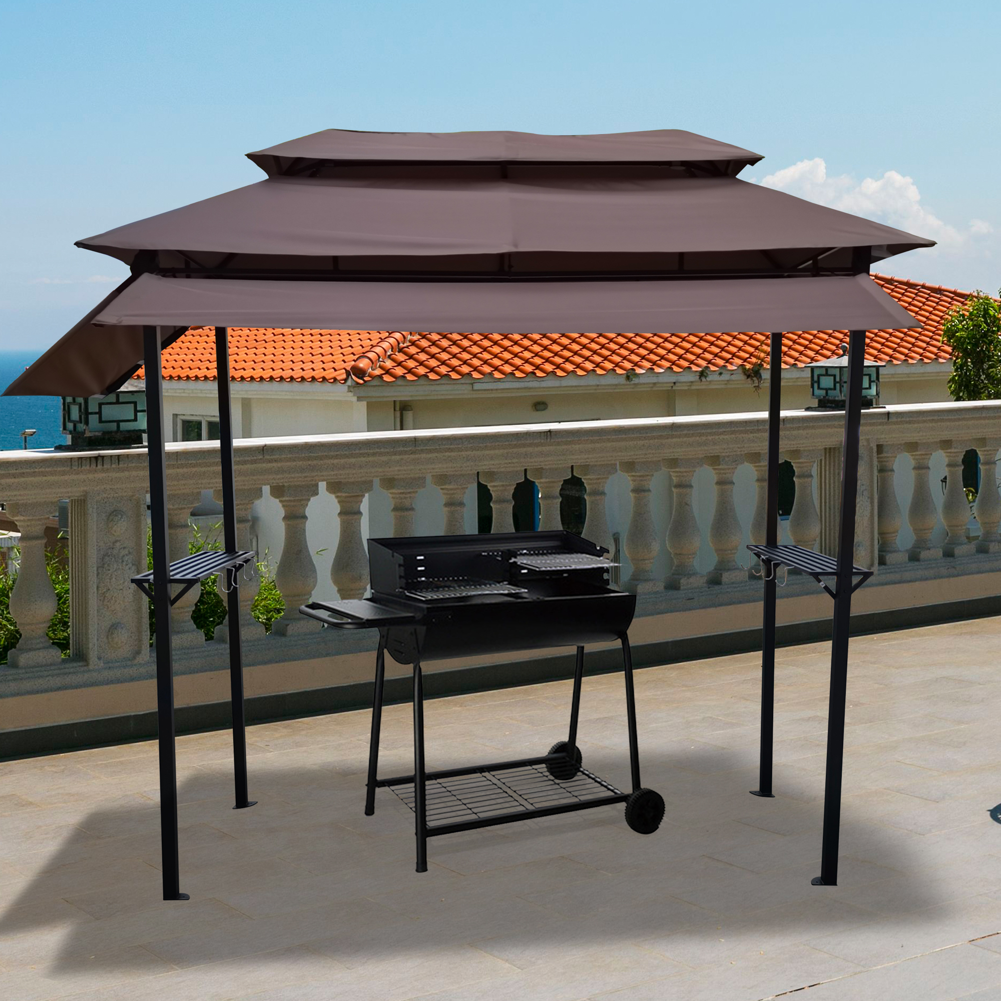 8x4ft Grill Gazebo,metal gazebo with Soft Top Canopy and Steel Frame with hook and Bar Counters,Fabric Light Brown