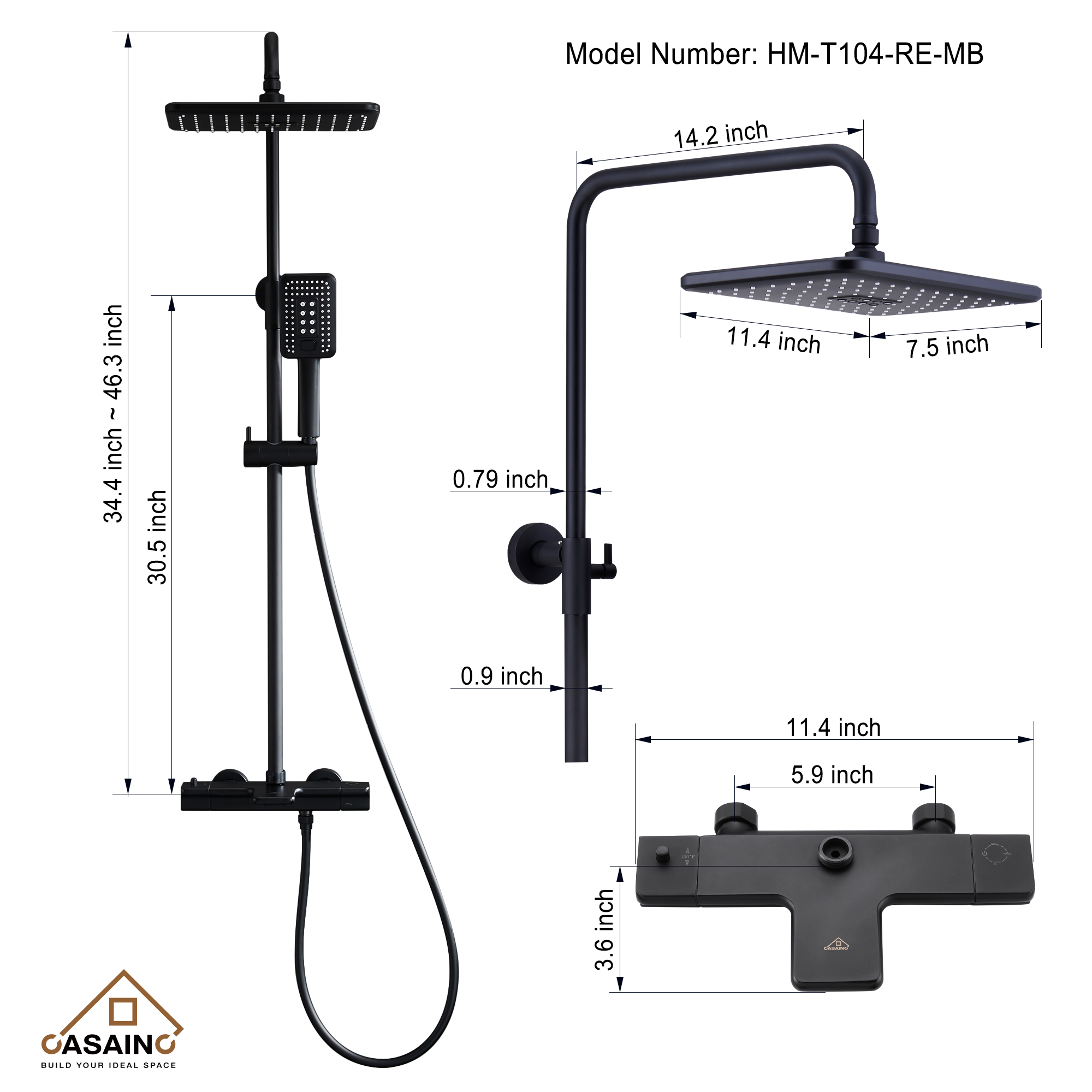 11.4"*7.5" Thermostatic rain shower faucet in Matte Black-CASAINC