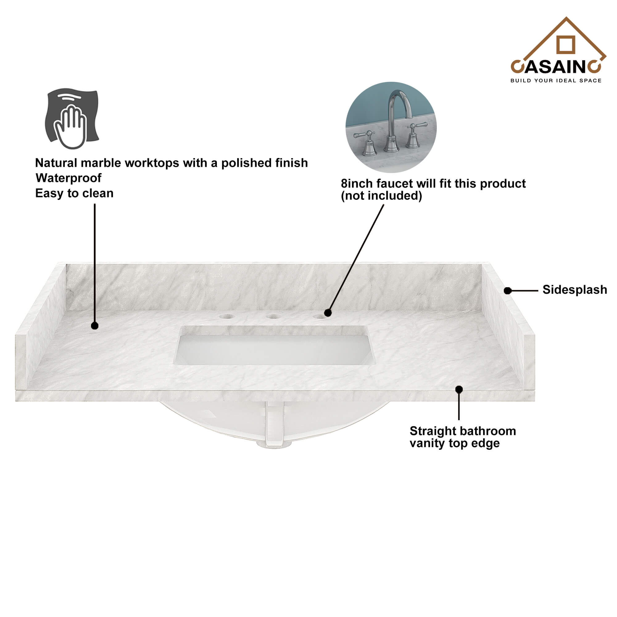 CASAINC 37" White Italian Carrara Natural Marble Single Sink Bathroom Vanity Top with Back & Side Splash